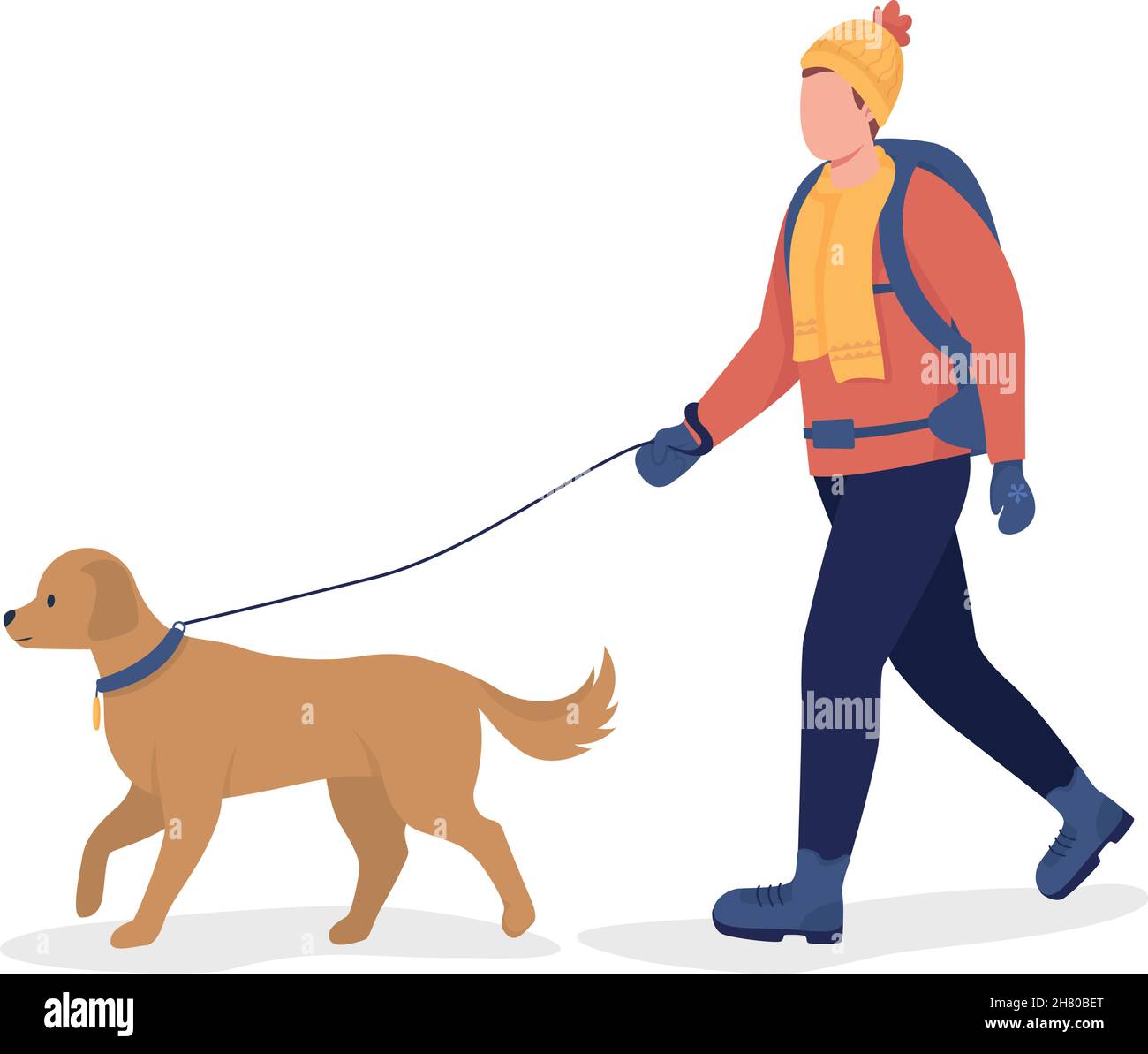 Mann mit Hund im Winter halb flache Farbe Vektor-Charakter Stock Vektor