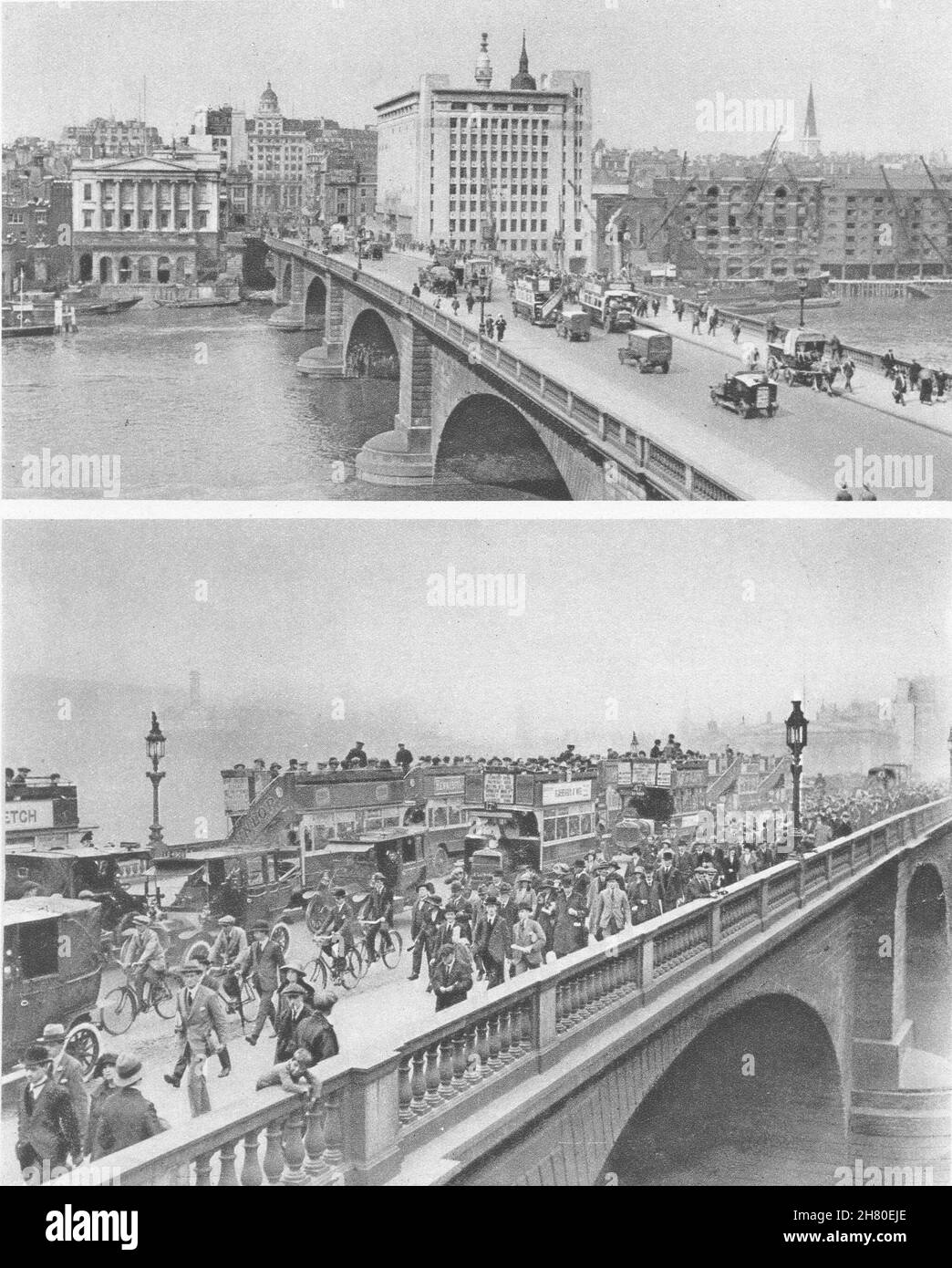 LONDON BRIDGE. Sonntagmorgen und Montagmorgen. Busse Fahrräder Autos 1926 drucken Stockfoto