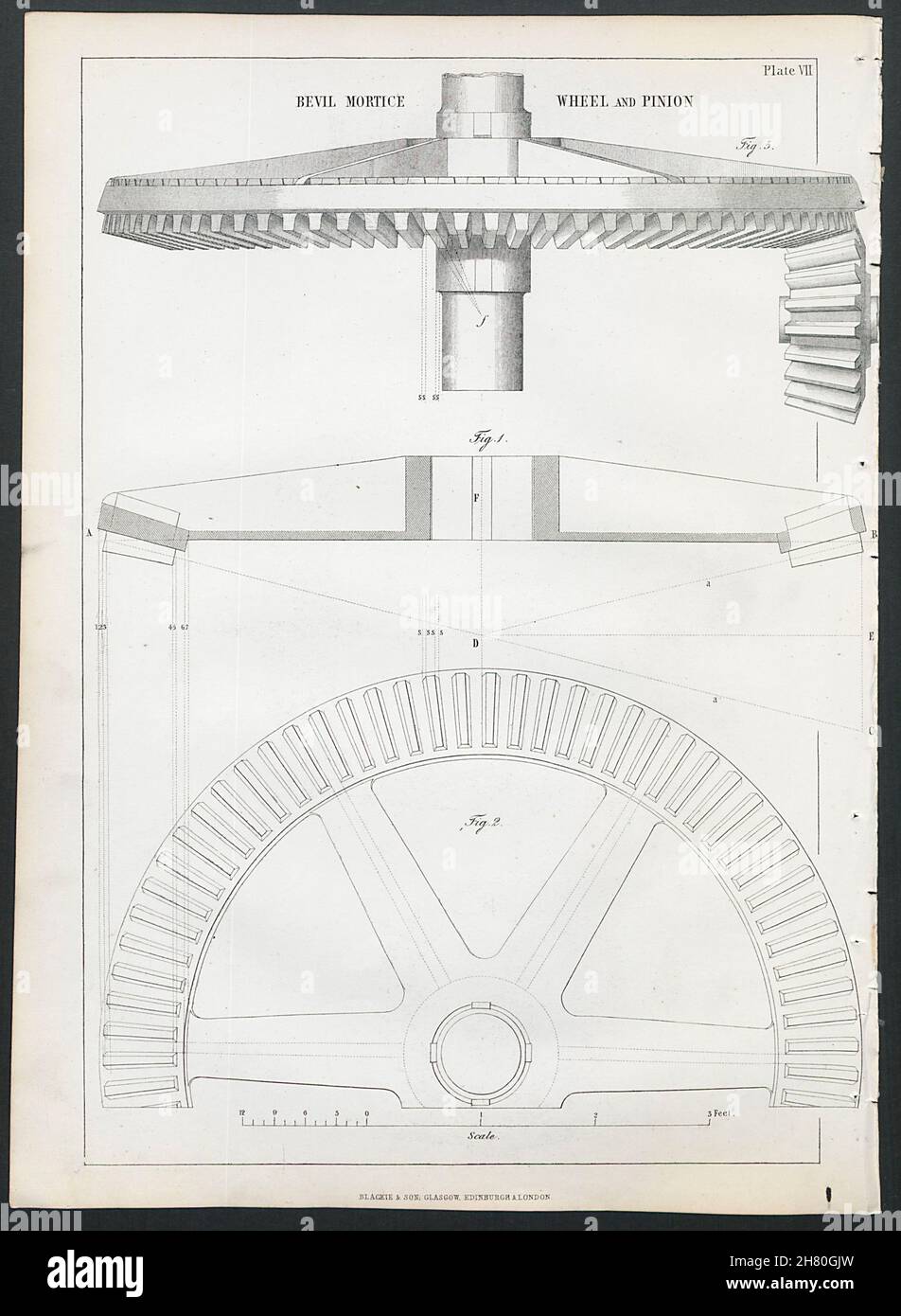 VIKTORIANISCHE TECHNIK ZEICHNUNG Bevil Mortice Rad und Ritzel 1847 alten Druck Stockfoto