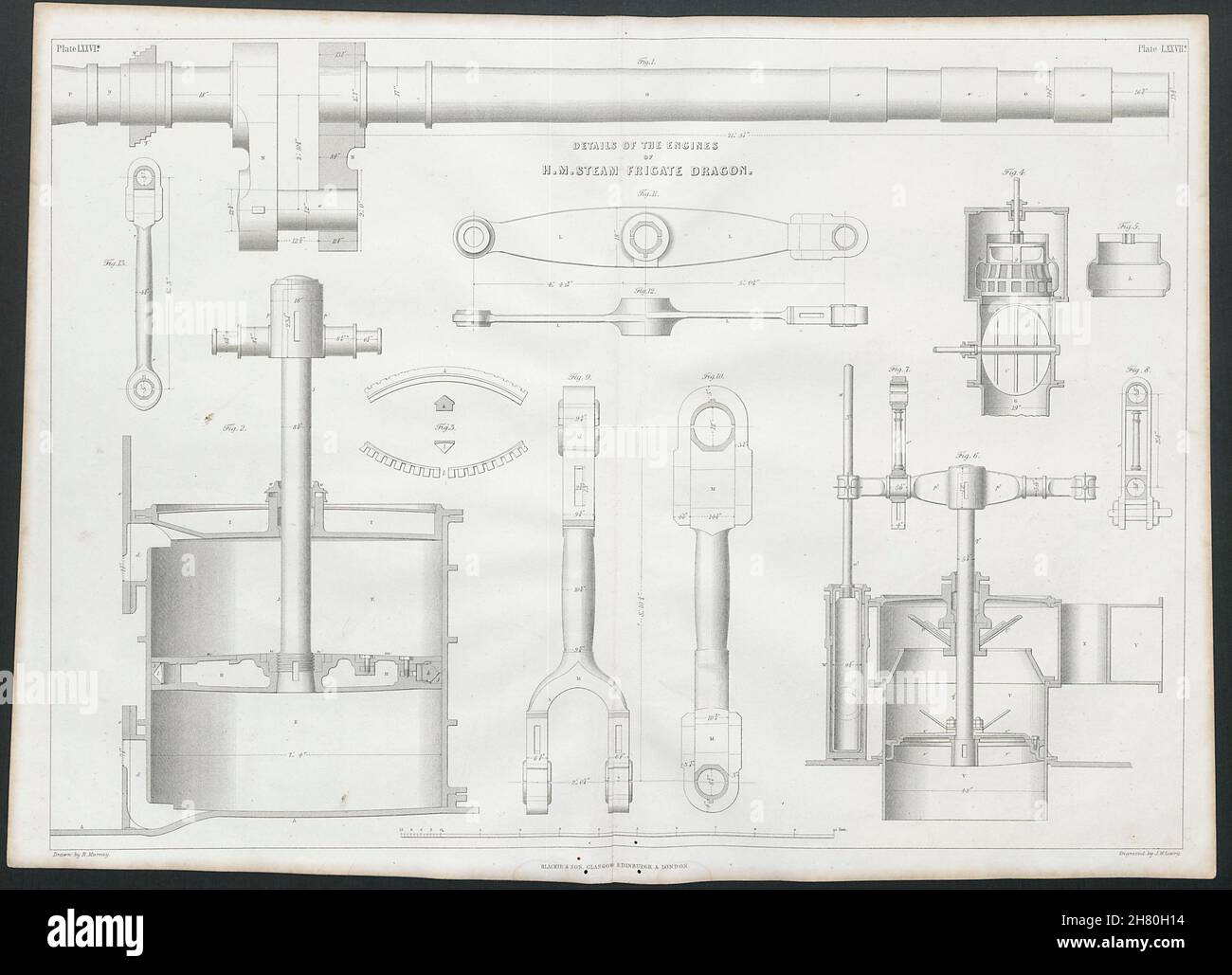VIKTORIANISCHE ENGINEERING-ZEICHNUNG HM Dampf Fregatte Dragon's Motoren Detail 1847 Stockfoto