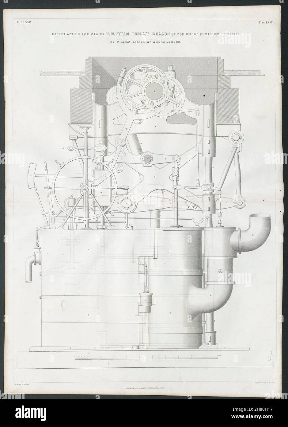 19c KONSTRUKTIONSZEICHNUNG Direct-Action-Motoren von HM Steam Frigate Dragon 1 1847 Stockfoto