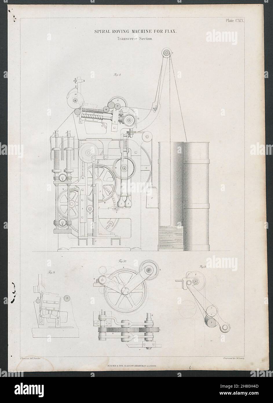 VIKTORIANISCHE KONSTRUKTIONSZEICHNUNG Spiralrovingmaschine für Flachs, Abschnitt 1847 Stockfoto