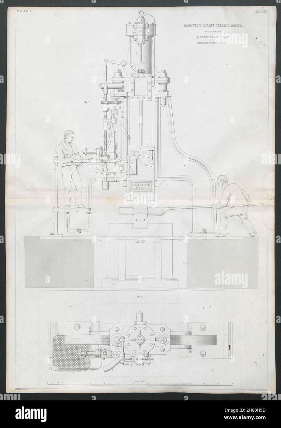 19c KONSTRUKTIONSZEICHNUNG Patent Dampfhammer. Nasmyth Gaskell, Patricroft 1847 Stockfoto