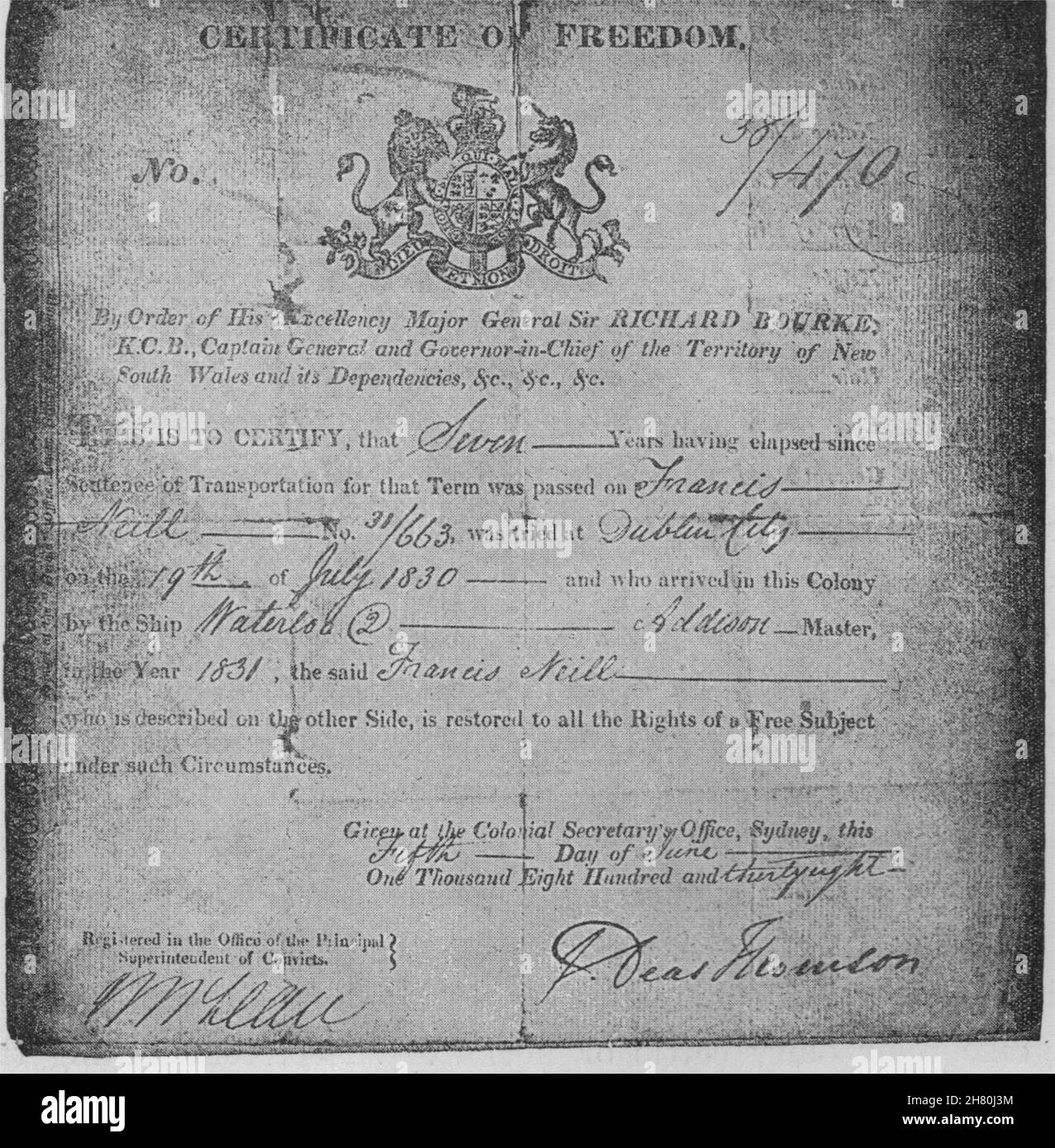 Faksimile (reduziert) eines Zertifikats der Freiheit. Australien 1890 alten Drucken Stockfoto