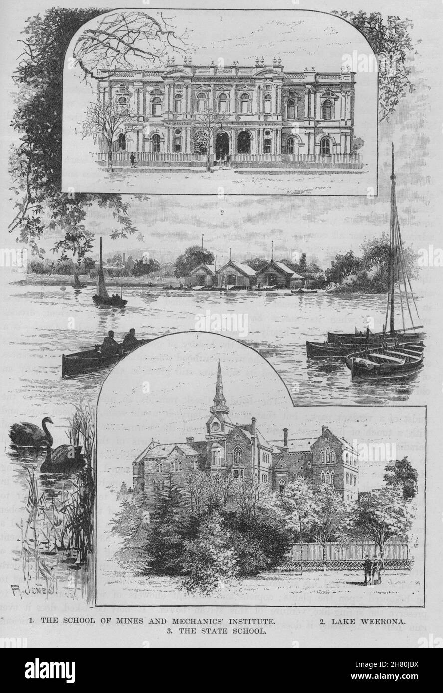 Schule der Gruben & Mechanik Institut. See Weerona. Staatliche Schule Sandhurst 1890 Stockfoto