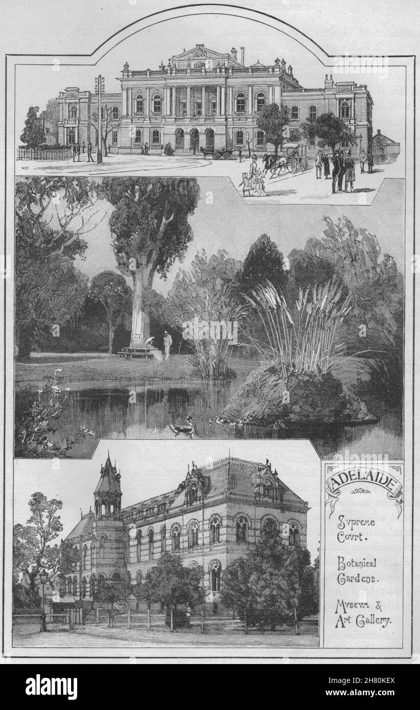 Der oberste Gerichtshof; Botanische Gärten; Museum & Art Gallery. Adelaide. Australien 1890 Stockfoto