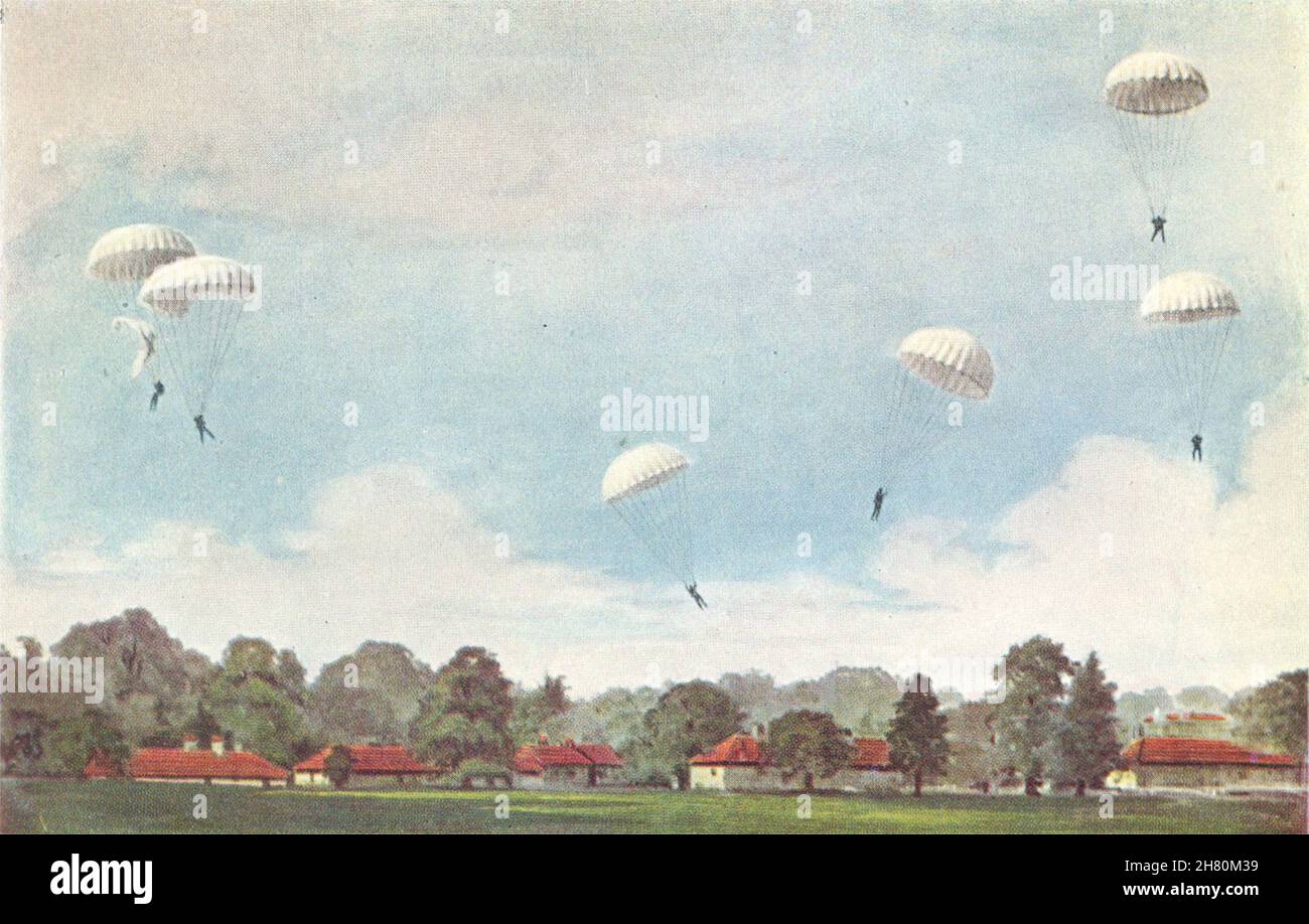 FLUGZEUG. Fallschirm senkt sich 1930 alte Vintage-Druckbild Stockfoto