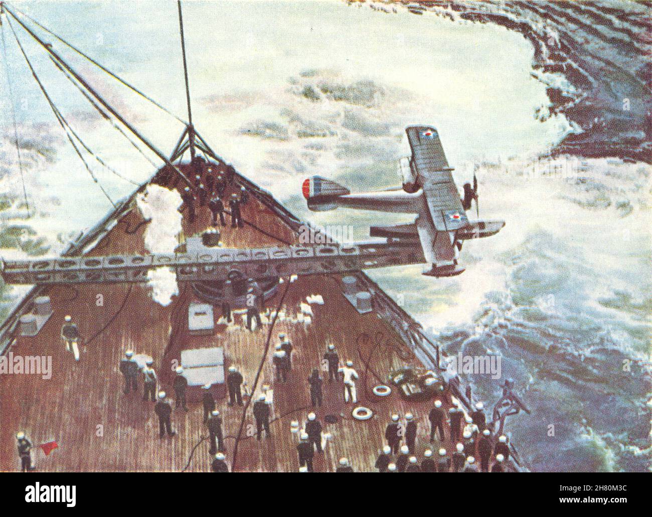 USA. Katapultiert ein Flugzeug aus einem alten Vintage-Print eines amerikanischen Schlachtschiffs aus dem Jahr 1930 Stockfoto