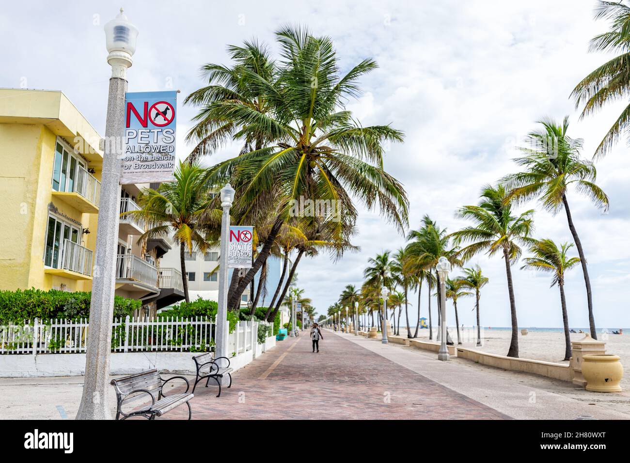 Hollywood, USA - 4. August 2021: Nördlich von Miami Beach, Hollywood Broadwalk Walkway in Florida und Schild für keine Haustiere erlaubt noch Skateboards und Palmen Stockfoto