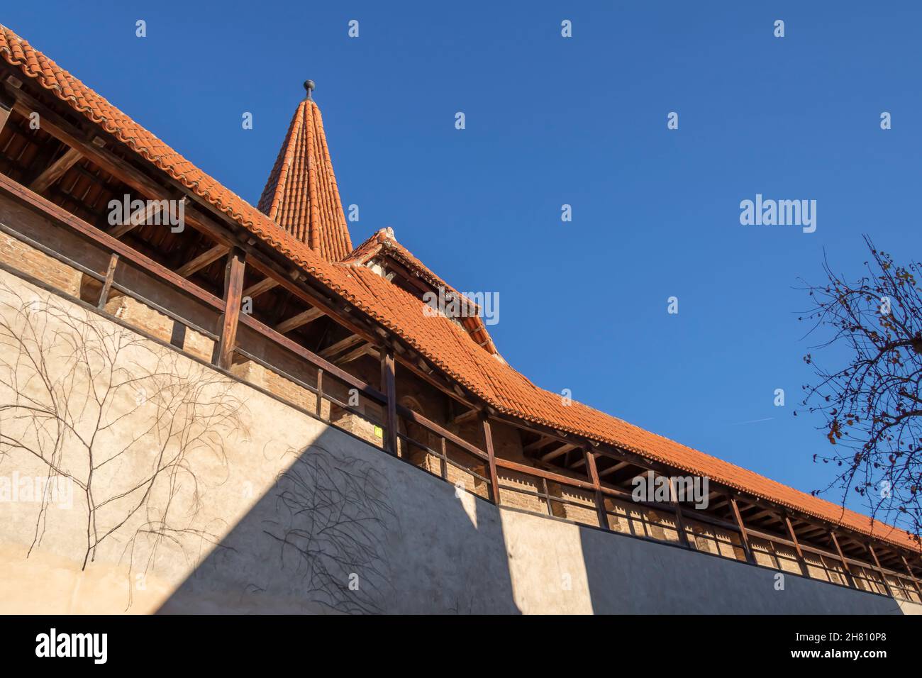 Nördlingen ist eine Stadt in Bayern, Deutschland. Die Altstadt ist von gut erhaltenen mittelalterlichen Mauern mit Türmen und überdachten Brüstungswegen umgeben. Stockfoto