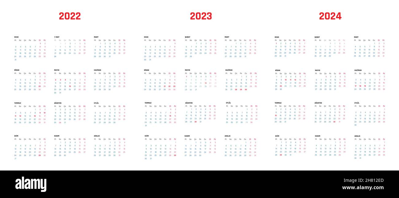 2022, 2023, 2024 Kalender Türkisch, Türkei Feiertage Kalender. Türkisch 2022-2024 Kalender mit Feiertagen Türkei. Stock Vektor