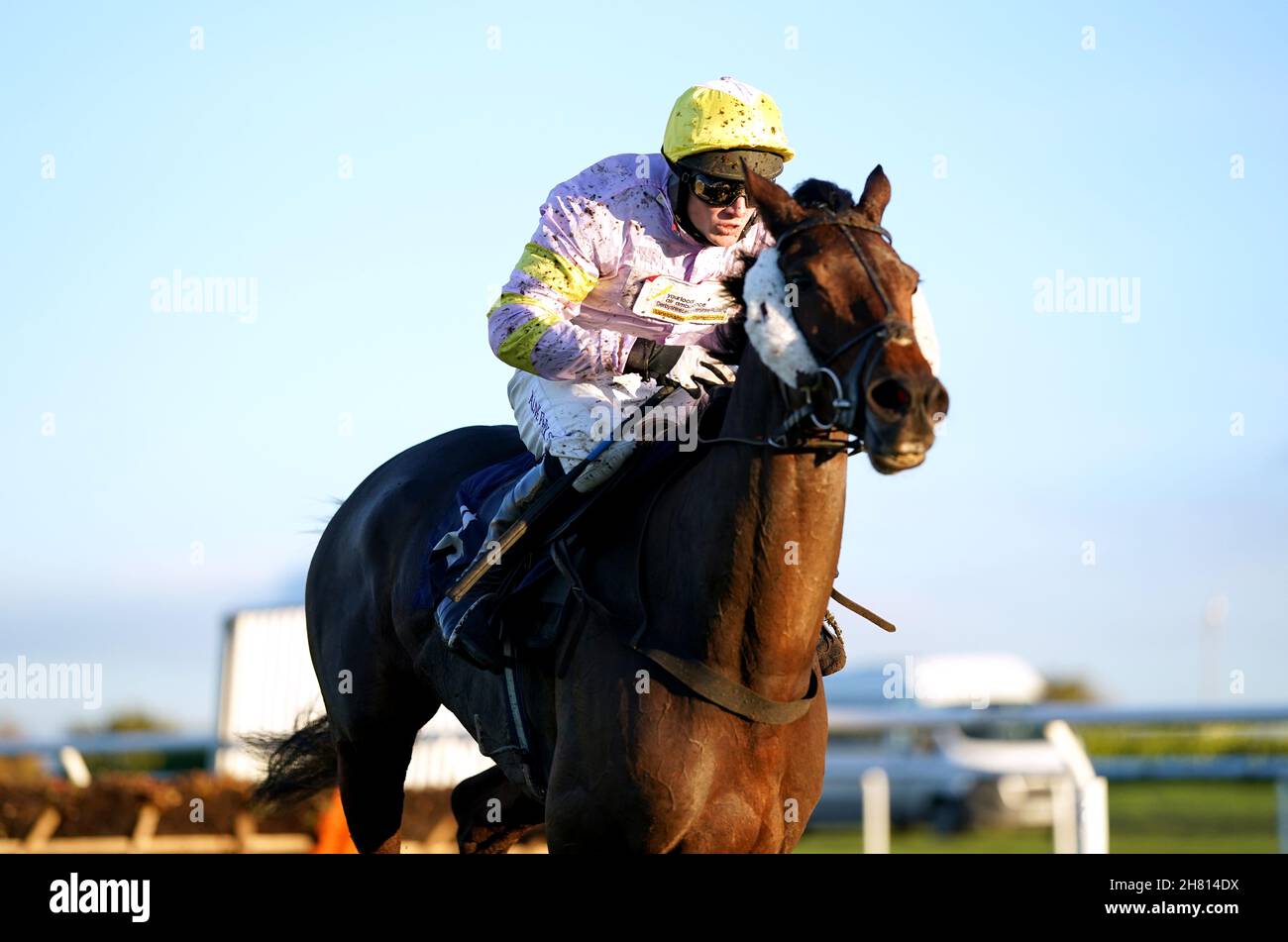 Starsky wird von dem Jockey Tristan Durrell auf dem Weg zum Sieg der Walls Classic Century of Ice Cream Handicap-Hürde auf der Doncaster Racecourse gefahren. Bilddatum: Freitag, 26. November 2021. Siehe PA Story RACING Doncaster. Bildnachweis sollte lauten: Tim Goode/PA Wire. EINSCHRÄNKUNGEN: Die Nutzung unterliegt Einschränkungen. Nur redaktionelle Verwendung, keine kommerzielle Nutzung ohne vorherige Zustimmung des Rechteinhabers. Stockfoto