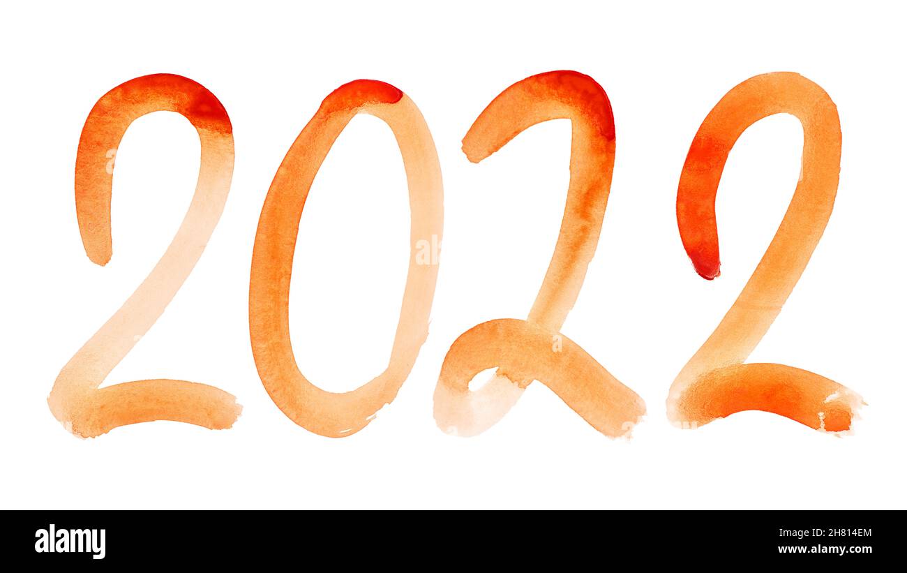 Neujahr 2022 - Orange handgezeichnete Aquarellnummer Stockfoto