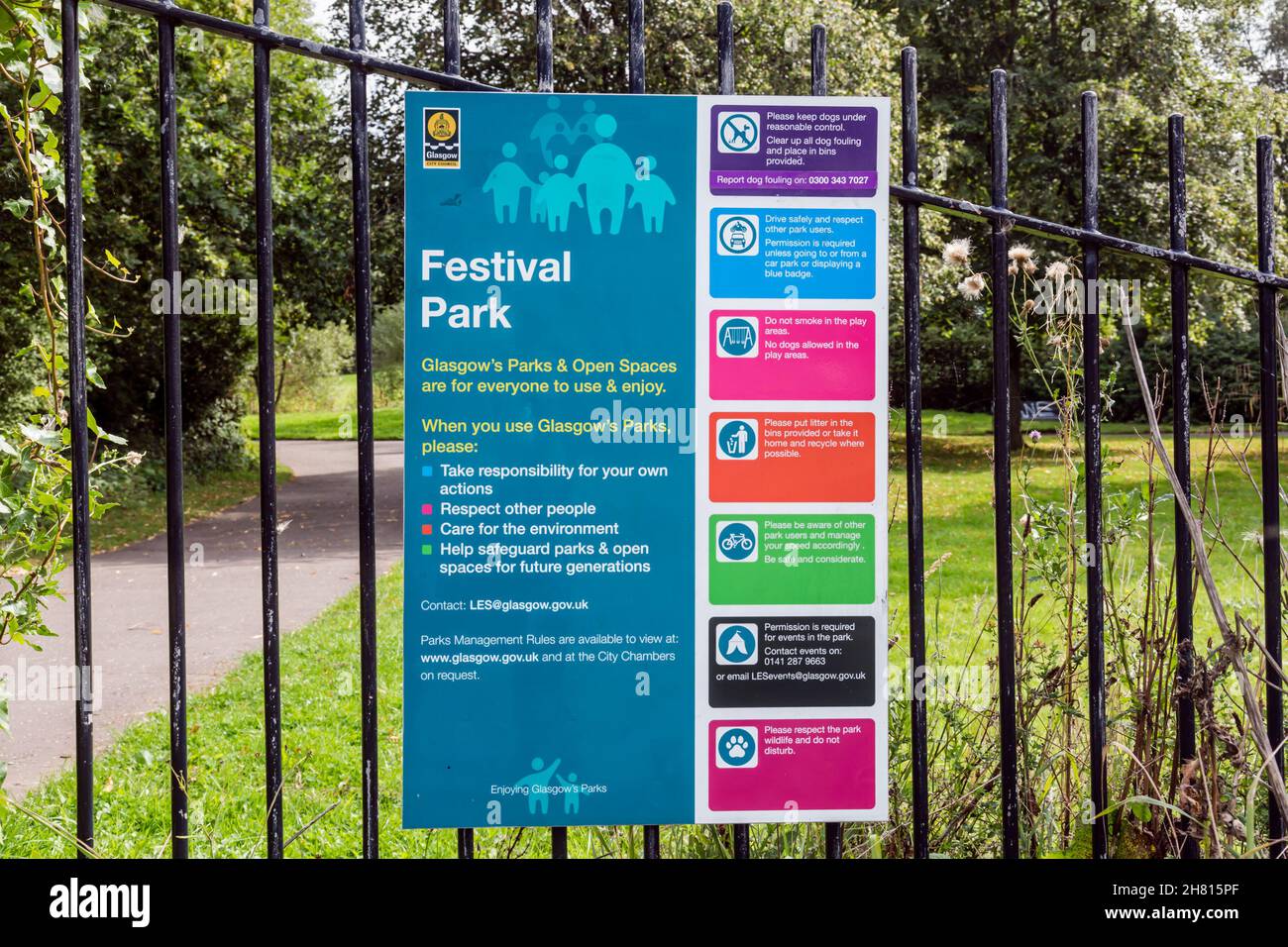 Public Park Schild, Festival Park, Pacific Drive, Glasgow, Schottland, VEREINIGTES KÖNIGREICH Stockfoto