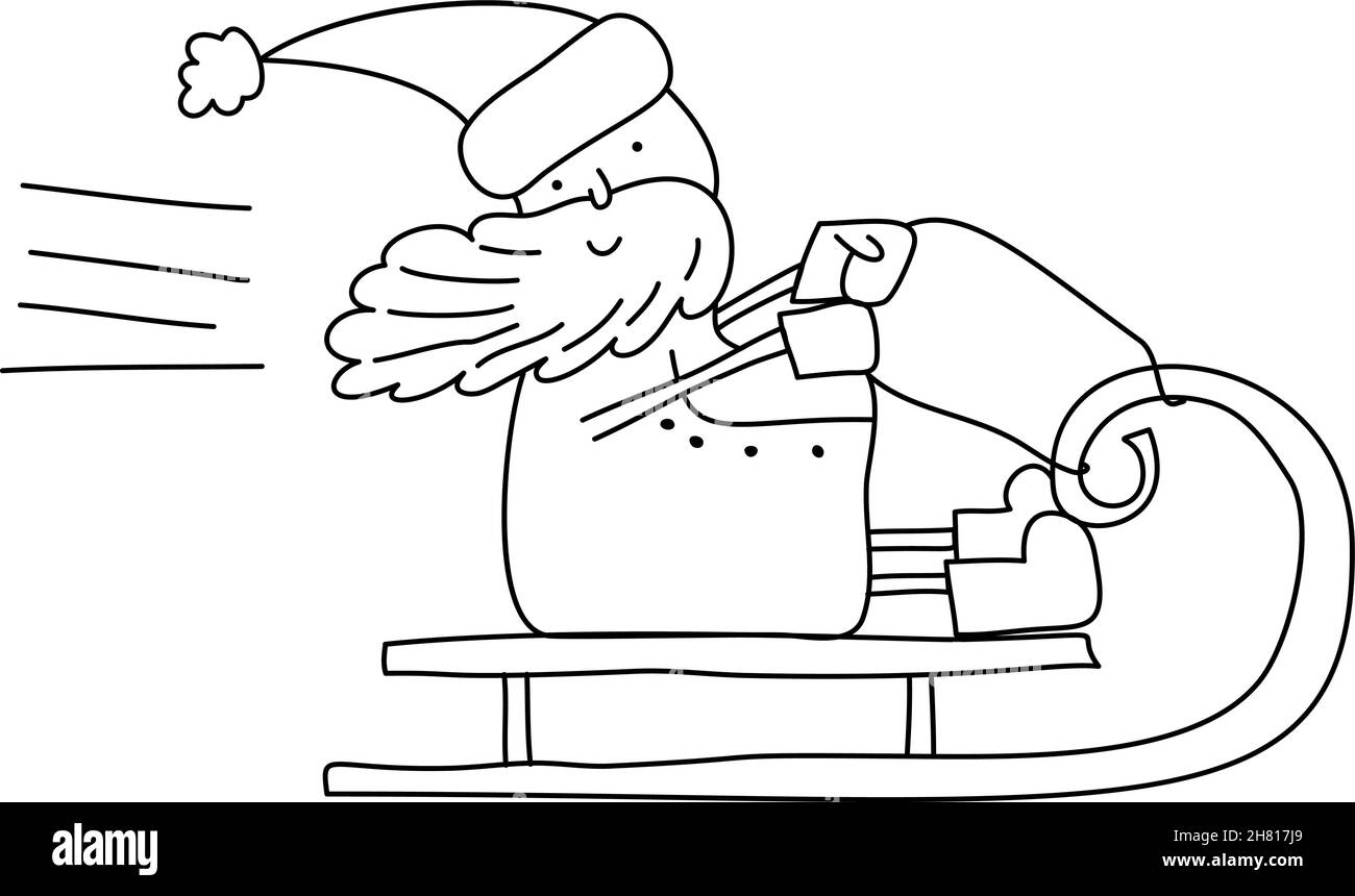 Niedliche Vektor Monoline Weihnachtsmann Reiten in seinem Weihnachtsschlitten oder Schlitten Schwarz und Weiß handgezeichnete Doodle skandinavischen Baby Illustration Grußkarte Stock Vektor