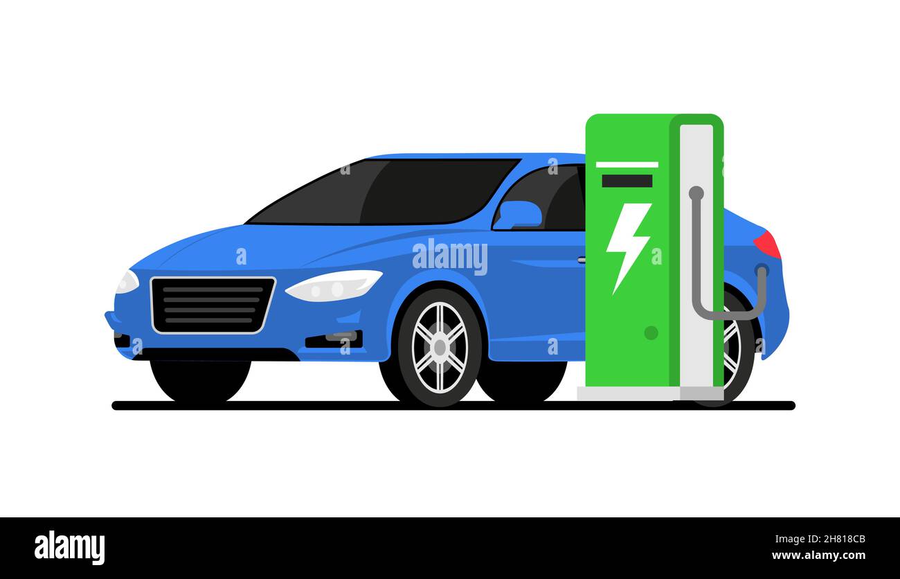 Elektroauto Fahrzeug Station EV Vektor Ladegerät Illustration Batterie flache Energie. Ladestation für Elektroautos Stock Vektor