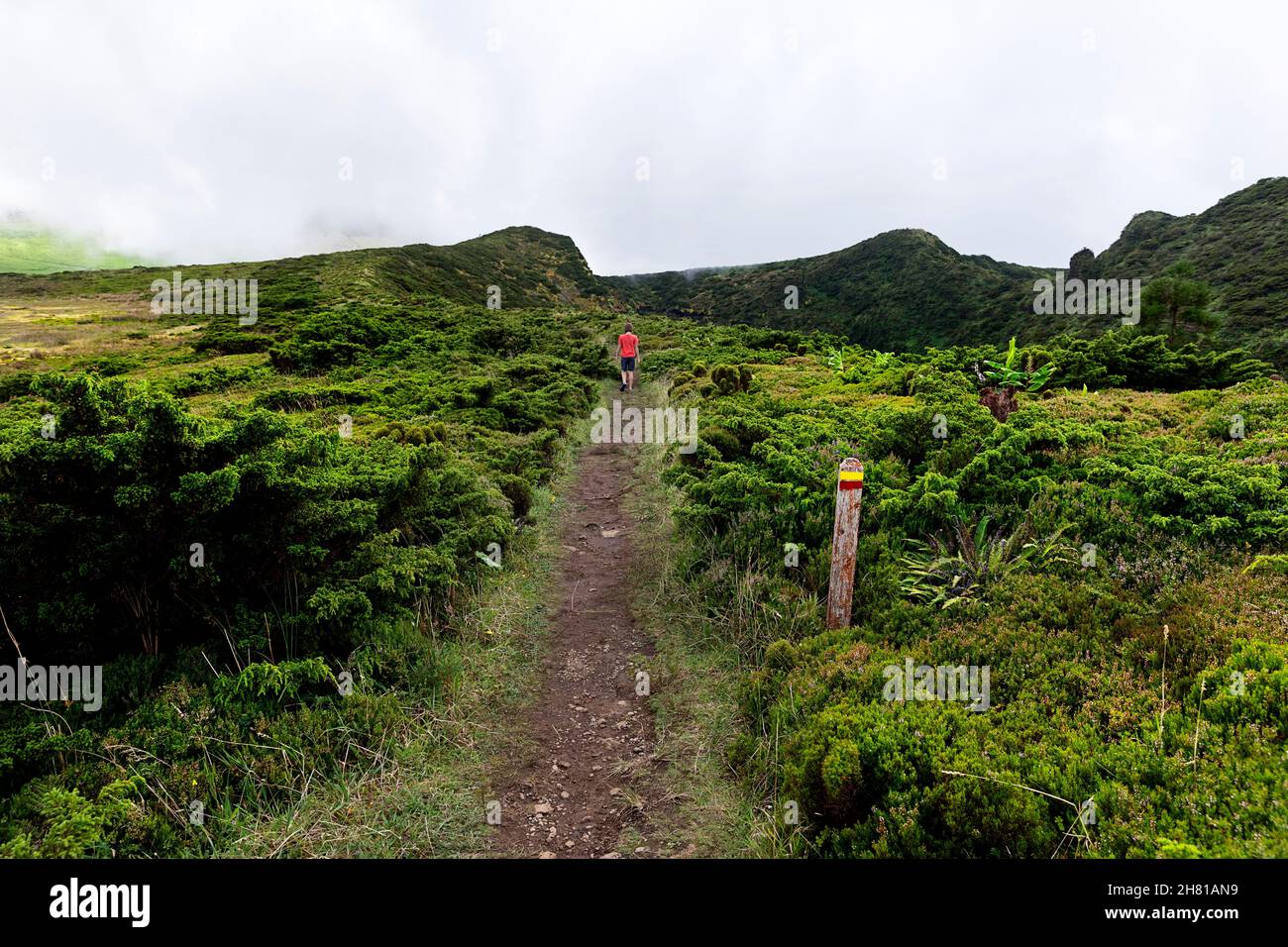 Junge zu Fuß in der wunderschönen vulkanischen Landschaft, Insel Flores, Azoren, Portugal Stockfoto