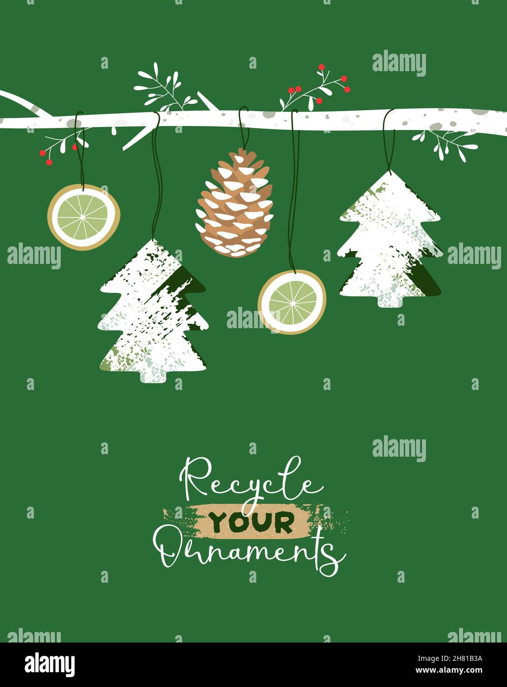 Frohe Eco Weihnachten Grußkarte Illustration von recycelten Natur Urlaub Ornamente mit Kiefer Zweig. Handgezeichnetes Cartoon-Design für xm ohne Abfall Stock Vektor