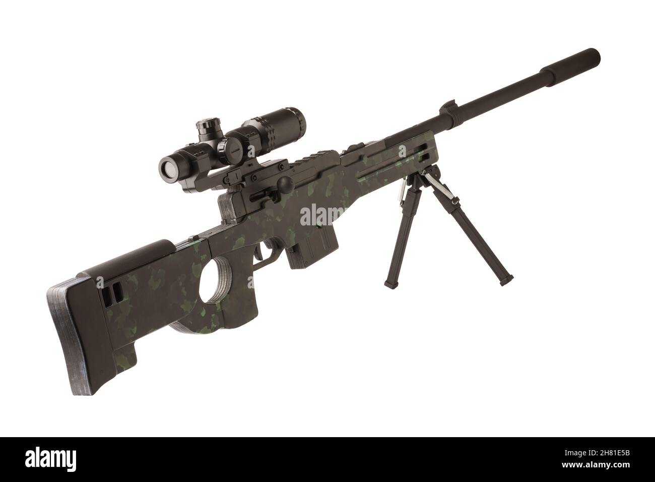 Holzspielzeug Scharfschützengewehr schwarz lackiert mit Teleskop-Sicht isoliert auf weißem Hintergrund Stockfoto