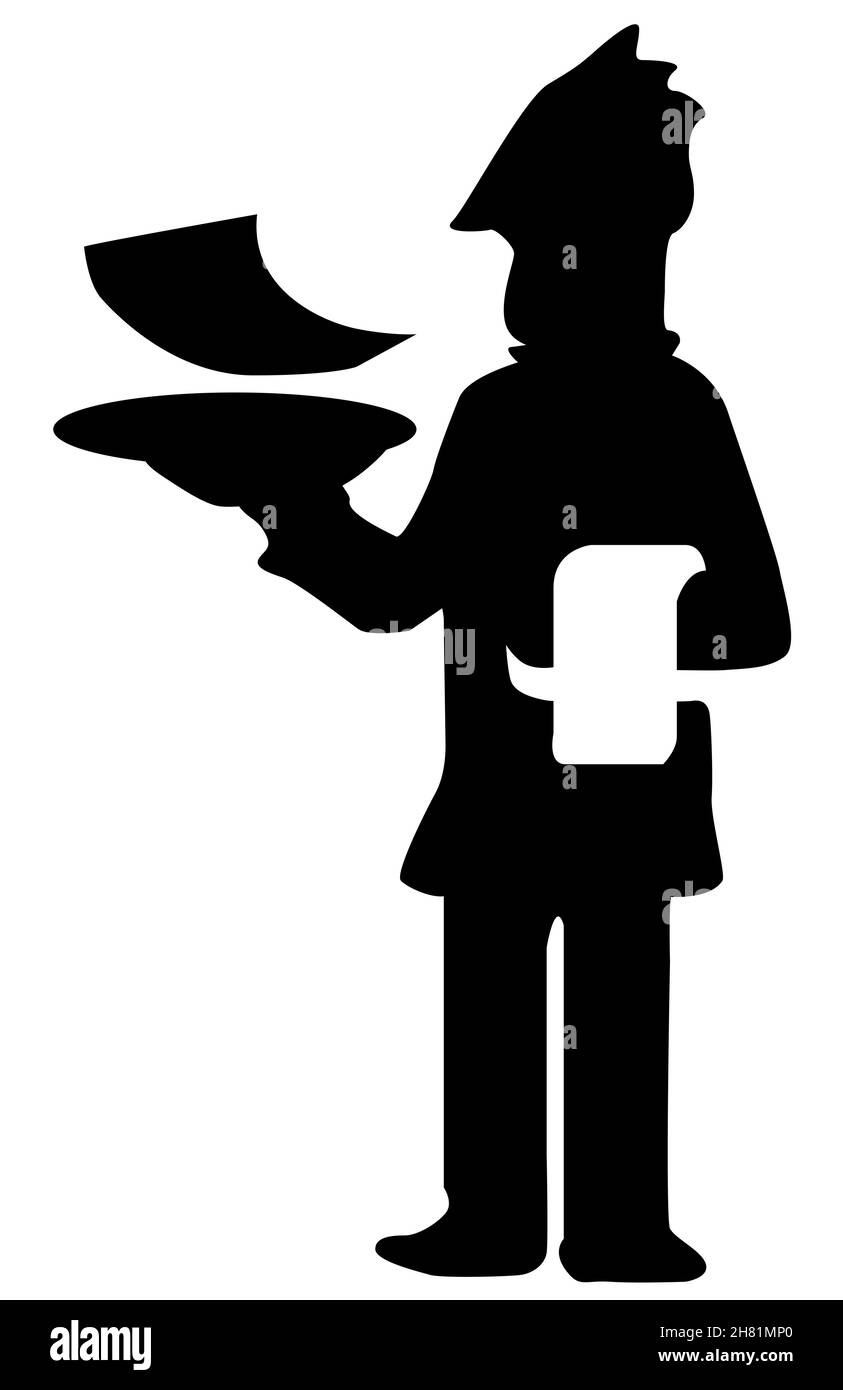 Kellner Figur bringt Rechnung Schablone schwarz, Vektor-Illustration, vertikal, isoliert Stock Vektor