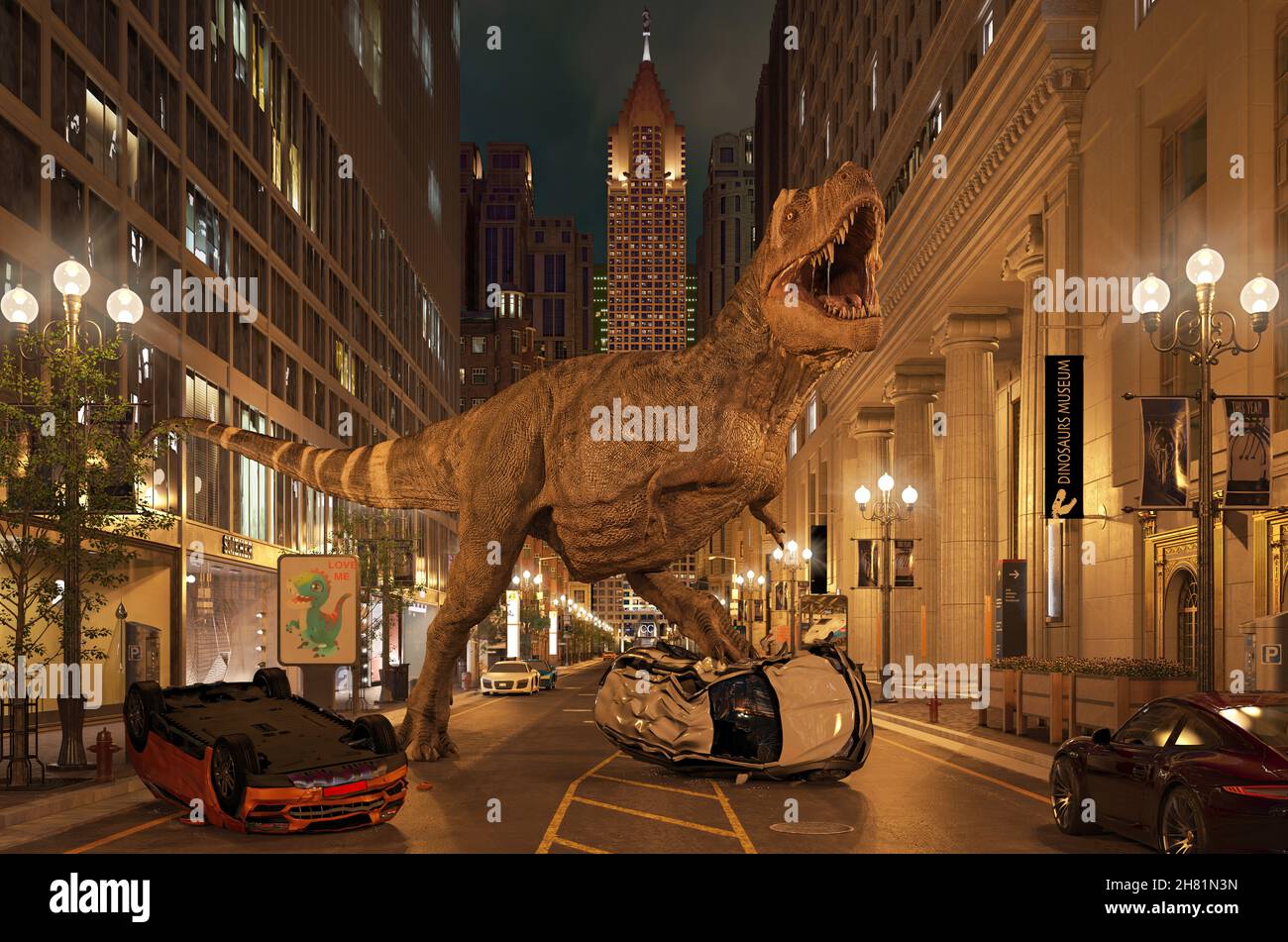 T-Rex-Dinosaurier brüllt auf der Straße und zerstört nachts Autos mit Wolkenkratzern. Stockfoto