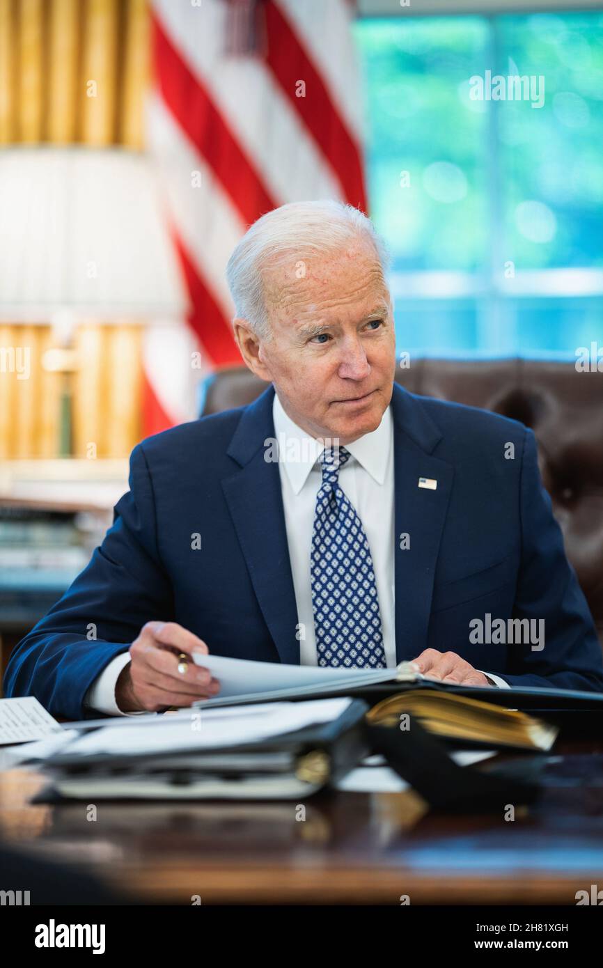 WASHINGTON DC, USA - 24. August 2021 - US-Präsident Joe Biden trifft sich mit Mitarbeitern, um seine Ausführungen zur Lage in Afghanistan, TU, zu besprechen Stockfoto