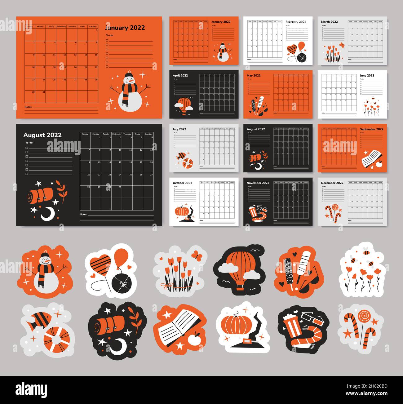 Planner 2022 im Tiger-Stil. Aufkleber für Planer. Jahreszeiten. Satz von 12 monatlichen Seiten. Organizer Scheduler Timetable Vektorvorlage. Wandtisch Kalender Stock Vektor