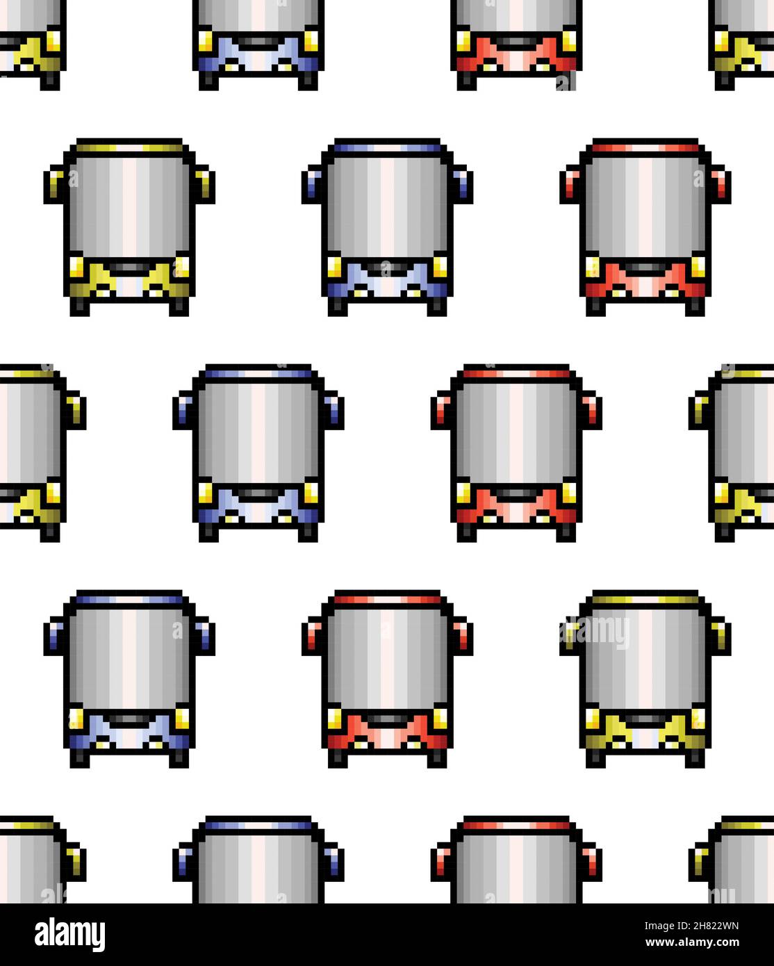 Pixel Art Stil Bus nahtlose Muster, bunte Vektor-Illustration. Bus Nahtloses Muster für Textil, Karte, Geschenkpapier und verschiedene Kids Staff Desi Stock Vektor