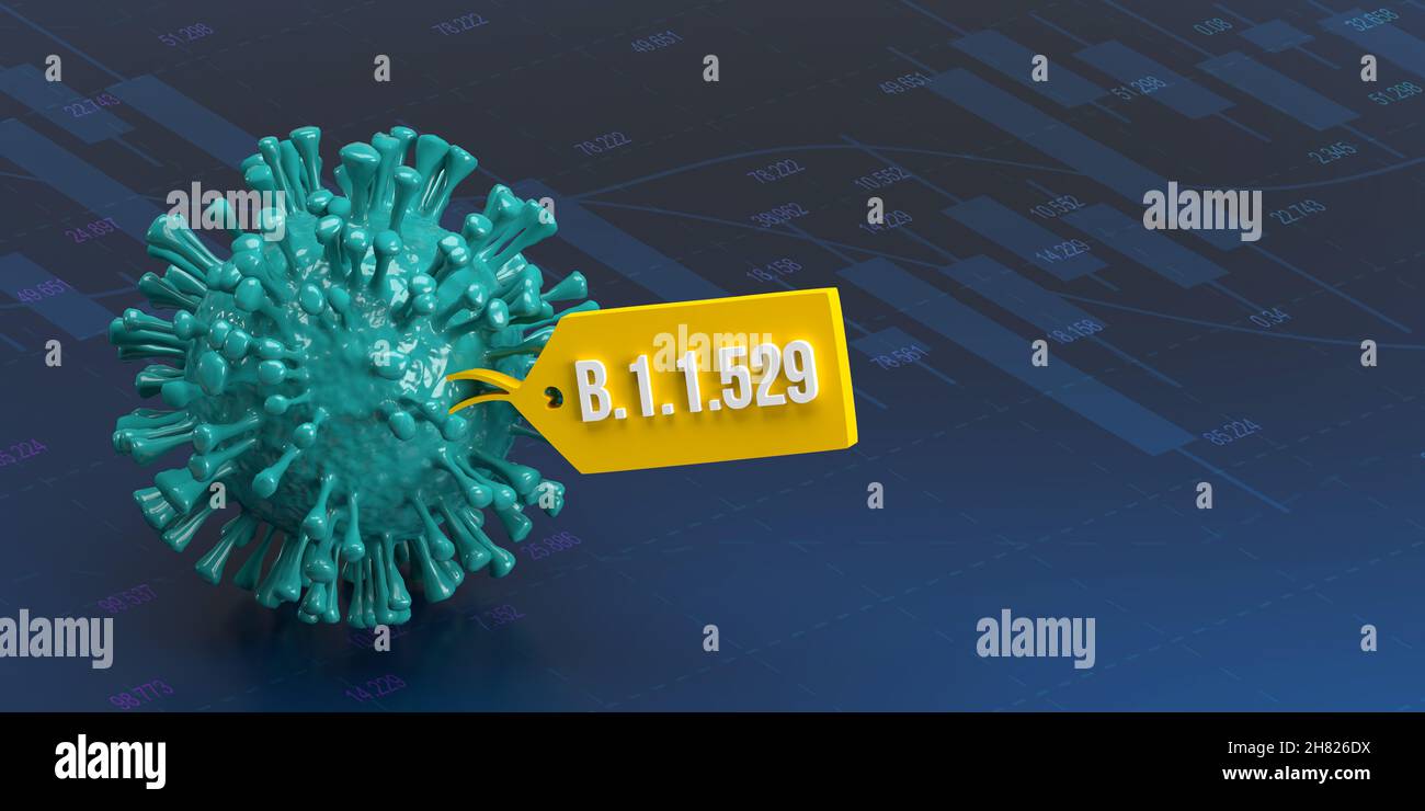 Breaking News: Ausbruch der neuen B.1.1.529-COVID-19-Variante. DIE WHO klassifizierte das neue mutierte Virus als Omicron-Variante. 3D gerenderte Abbildung Stockfoto