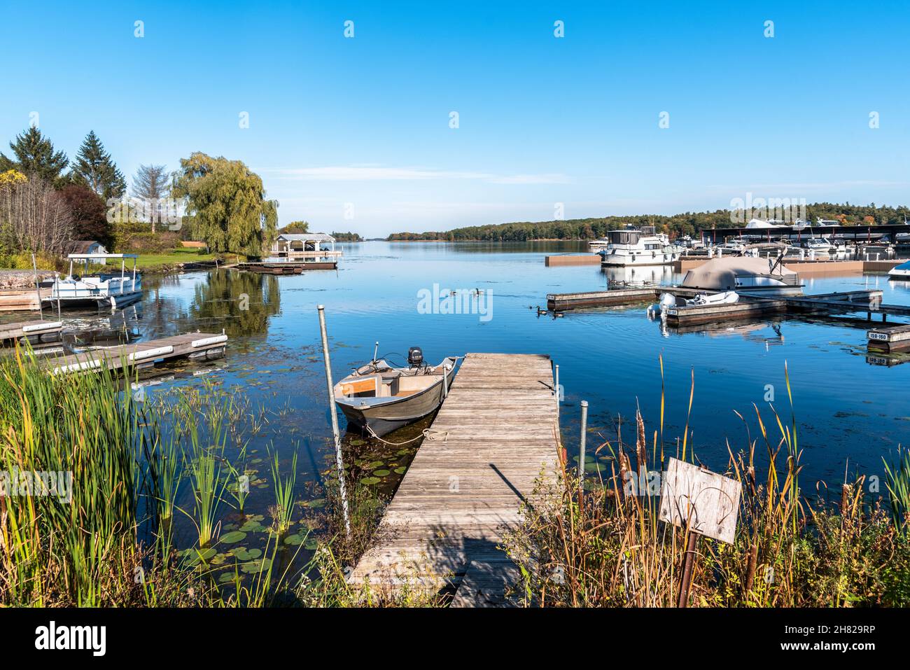 Verwitterter Steg in einem Flusshafen an einem klaren Herbsttag Stockfoto