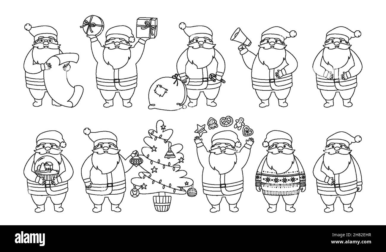 Weihnachtsmann Cartoon Kontur Set. Lustige Figur mit Weihnachtsbaum, Geschenkbox, Kekse, Tasche. Happy New Year Gratulation Doodle Design für Weihnachten Postkarte, Banner, Werbung, Outline-Vektor Stock Vektor
