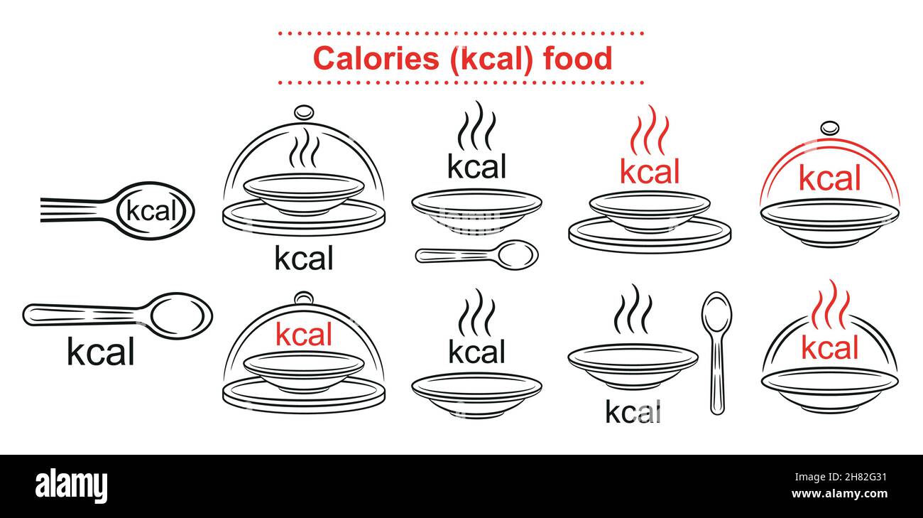 Symbol für kcal calories Food Outline gesetzt. Zählen Sie Essen Kilokalorie Energie in der Ernährung. Teller mit Löffel. Kontrolle der Kal.-Aufnahme. Schild mit Nährstoffverpackung. Vektor Stock Vektor