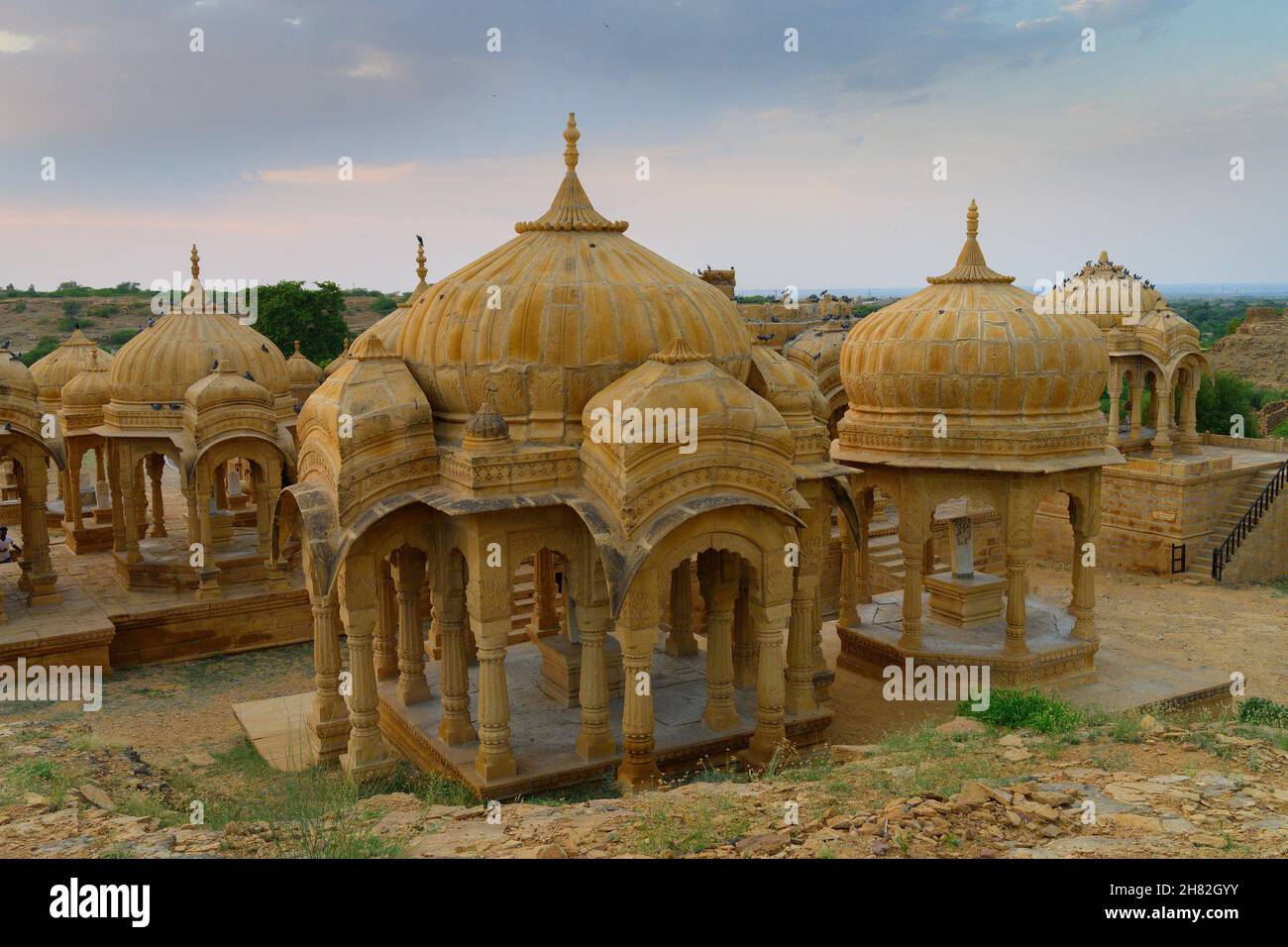 Bada Bagh oder Barabagh, bedeutet Big Garden, ist ein Gartenkomplex in Jaisalmer, Rajasthan, Indien, für Royal cenotaphs, oder chhatris, Von Maharajas bedeutet König Stockfoto