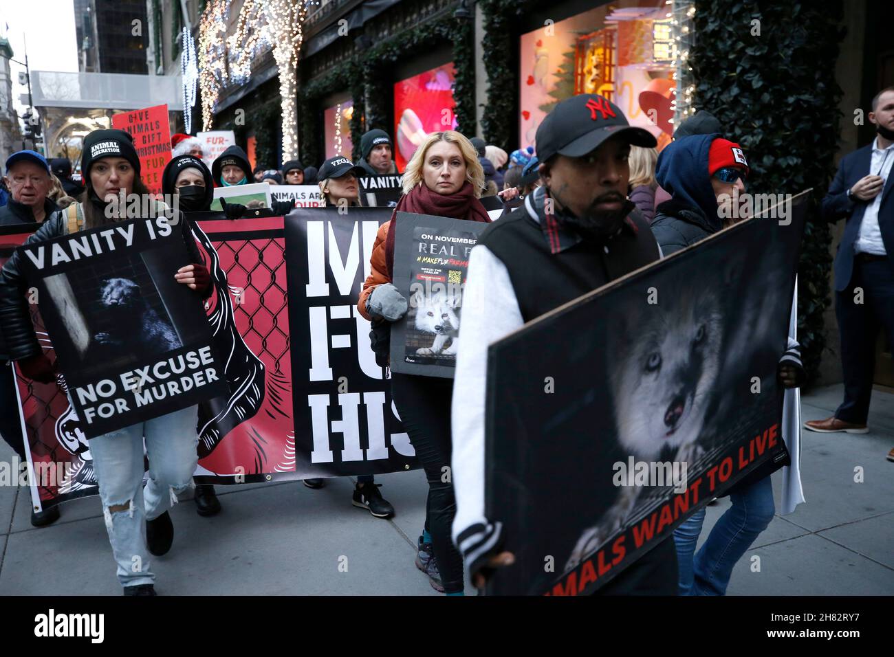 New York, USA. 26th. November 2021. Demonstranten, die gegen Tierquälerei sind, marschieren am 26. November 2021 in New York City, USA, mit Schildern mit Parolen durch die Straßen. Traditionell wurden am Black Friday, dem geschäftigsten Einkaufstag des Jahres, jährliche Demonstrationen abgehalten. Als Folge der Pelzfreitage sind die Pelzverkäufe in den 80ern und 90ern zurückgefahren, aber die jüngsten Modetrends haben zu einem Umsatzanstieg geführt. (Foto: John Lamparski/SIPA USA) Quelle: SIPA USA/Alamy Live News Stockfoto