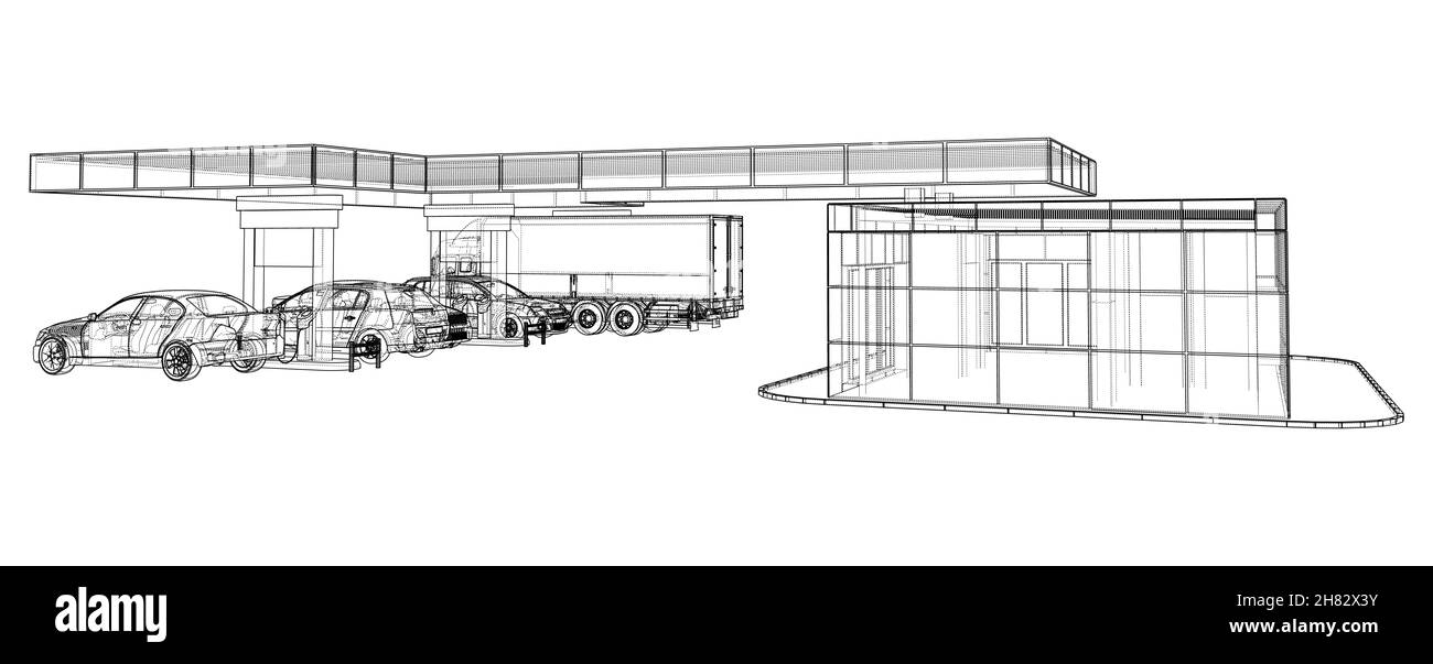 Elektroauto-Ladestation mit Autos und LKW Stockfoto