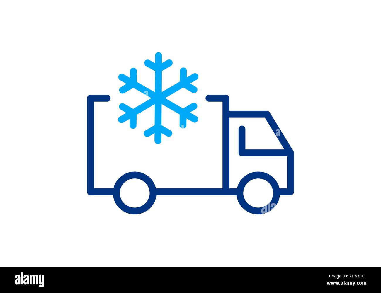 Kühlwagen mit Symbol für Schneeflockenlinie. Transport von Tiefkühlwaren. Fahrzeugsymbol für Kühlschrankzustellung. Eiswagen. Vektor, flach, Illustration. Stock Vektor