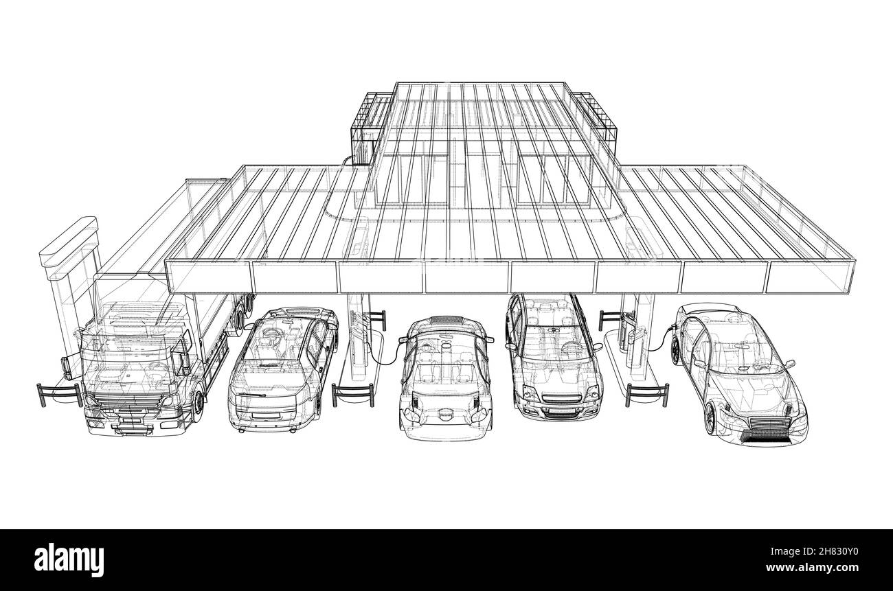 Elektroauto-Ladestation mit Autos und LKW Stockfoto