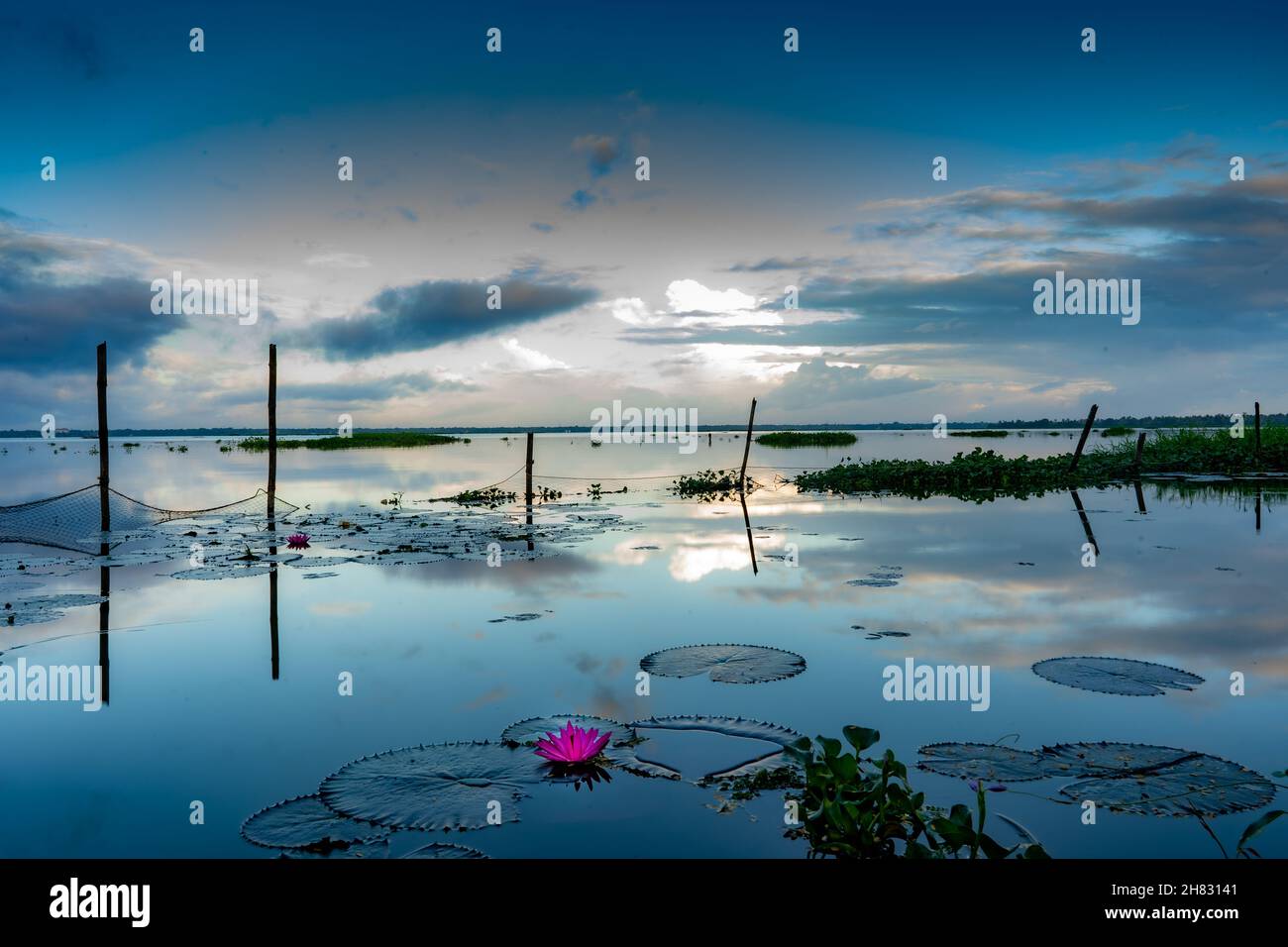Sonnenaufgang über dem See von Vembanand Stockfoto
