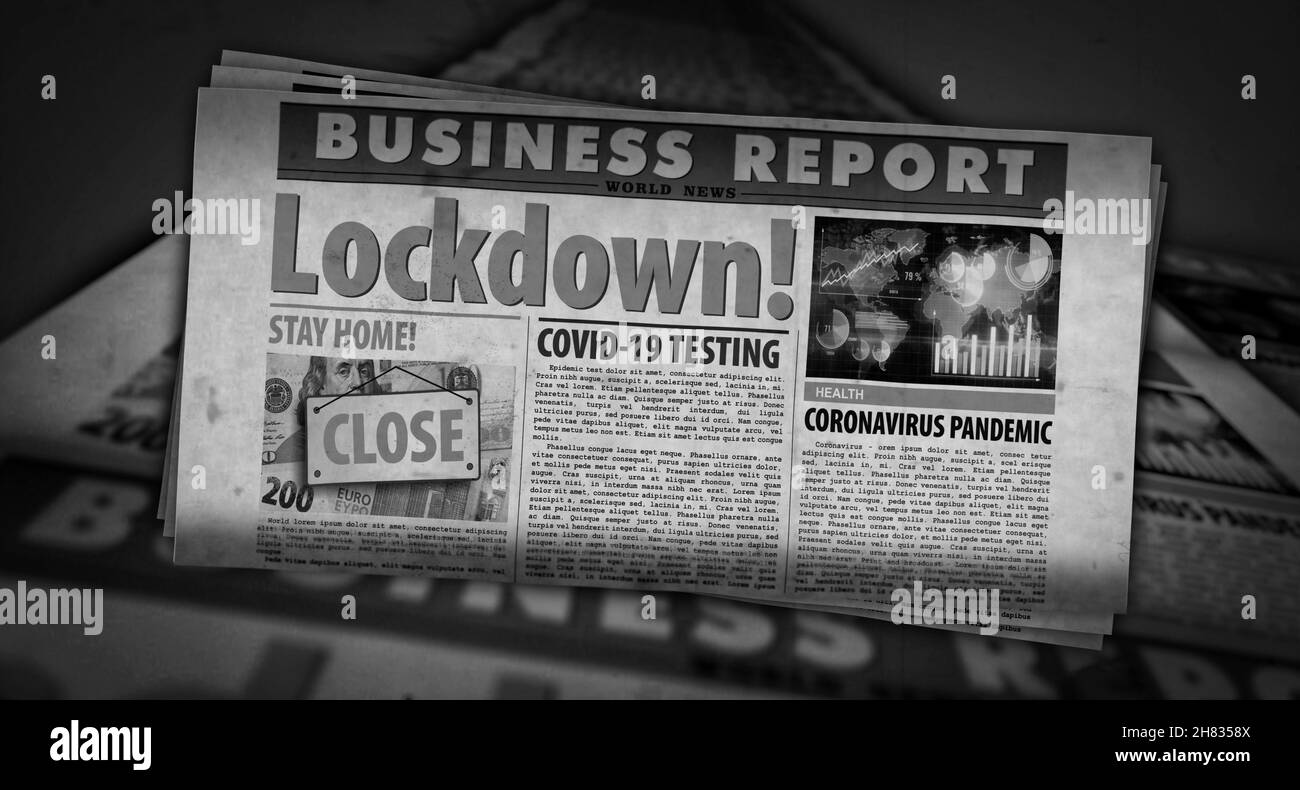 Lockdown COVID-19, geschlossene Wirtschafts- und Wirtschaftskrise bei einer Coronavirus-Pandemie. Zeitungsdruck. Abstraktes Konzept der Vintage-Presse. Retro 3D Rendering Abb. Stockfoto