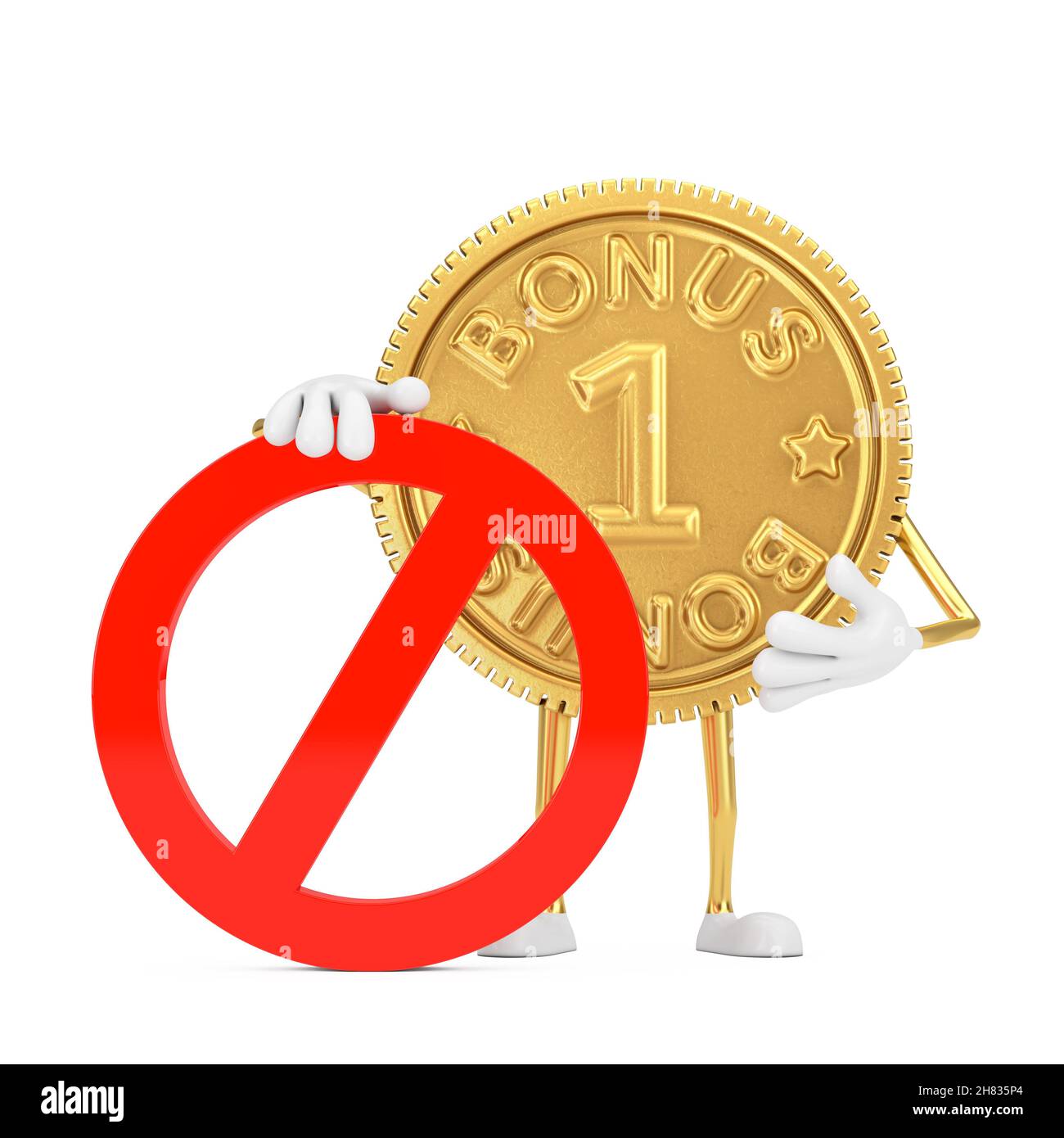 Golden Loyalty Program Bonus Münze Person Charakter Maskottchen mit rotem Verbot oder Verbotene Zeichen auf weißem Hintergrund. 3D Rendering Stockfoto