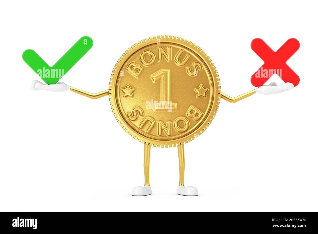 Golden Loyalty Program Bonus Coin Person Character Mascot mit rotem Kreuz und grünem Häkchen, Bestätigen oder verweigern, Ja oder Nein-Symbol Melden Sie sich auf einem weißen Backgro an Stockfoto