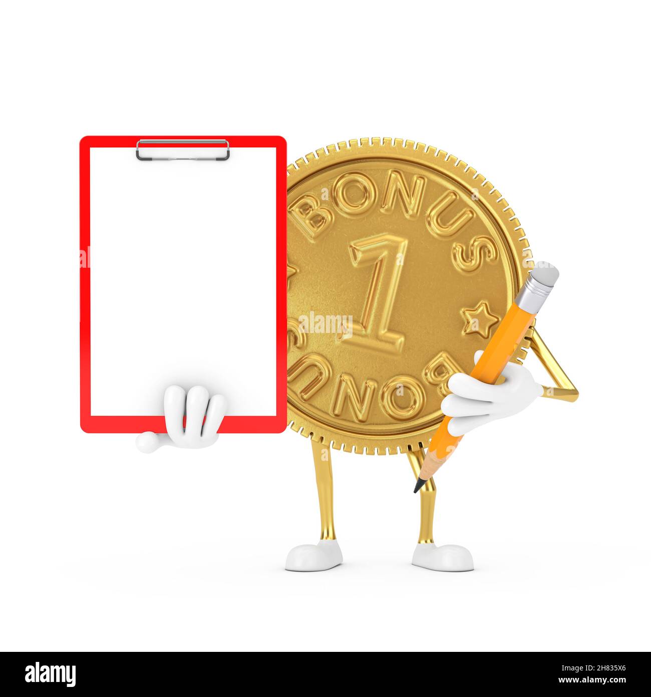 Golden Loyalty Program Bonus Coin Person Character Mascot mit roter Plastikschablone, Papier und Bleistift auf weißem Hintergrund. 3D Rendering Stockfoto