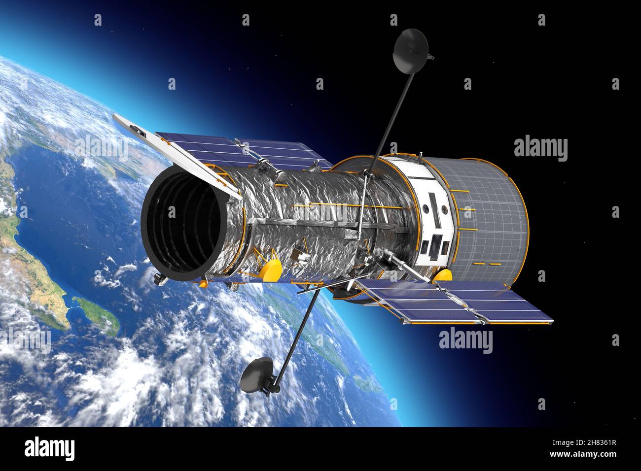 Weltraumteleskop Hubble im Freiraum in der Nähe von Planete Erde extreme Nahaufnahme. Elemente dieses Bildes, die von der NASA eingerichtet wurden. 3D Rendering Stockfoto