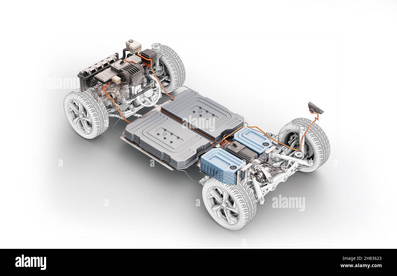 Elektroauto unter Fahrgestell. Alle wesentlichen Details des EV-Systems, auf weißem Hintergrund. Stockfoto