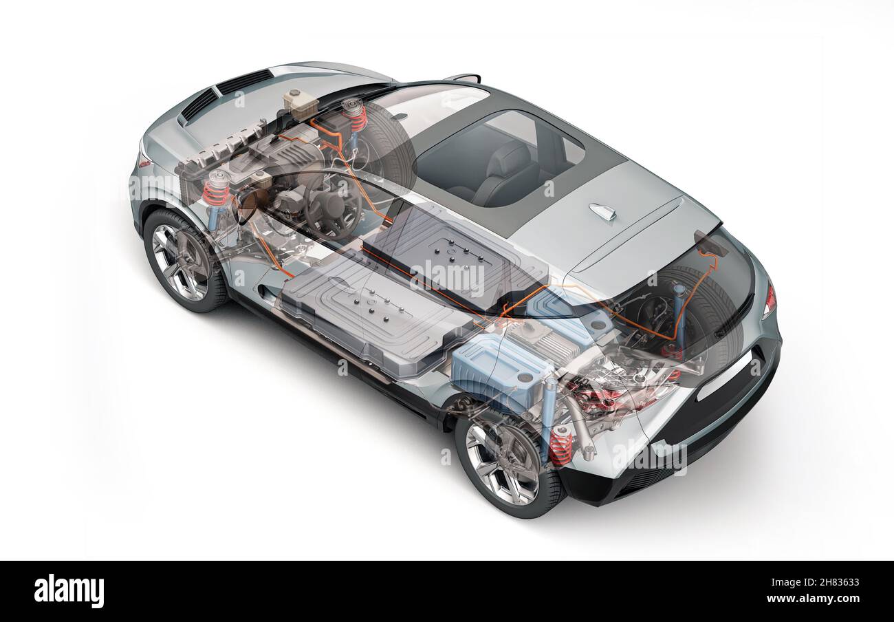 Elektrische generische Auto technische Cutaway 3D Rendering mit allen wichtigsten Details der EV-System in Ghost-Effekt. Perspektivische Draufsicht auf weißem Hintergrund. Stockfoto