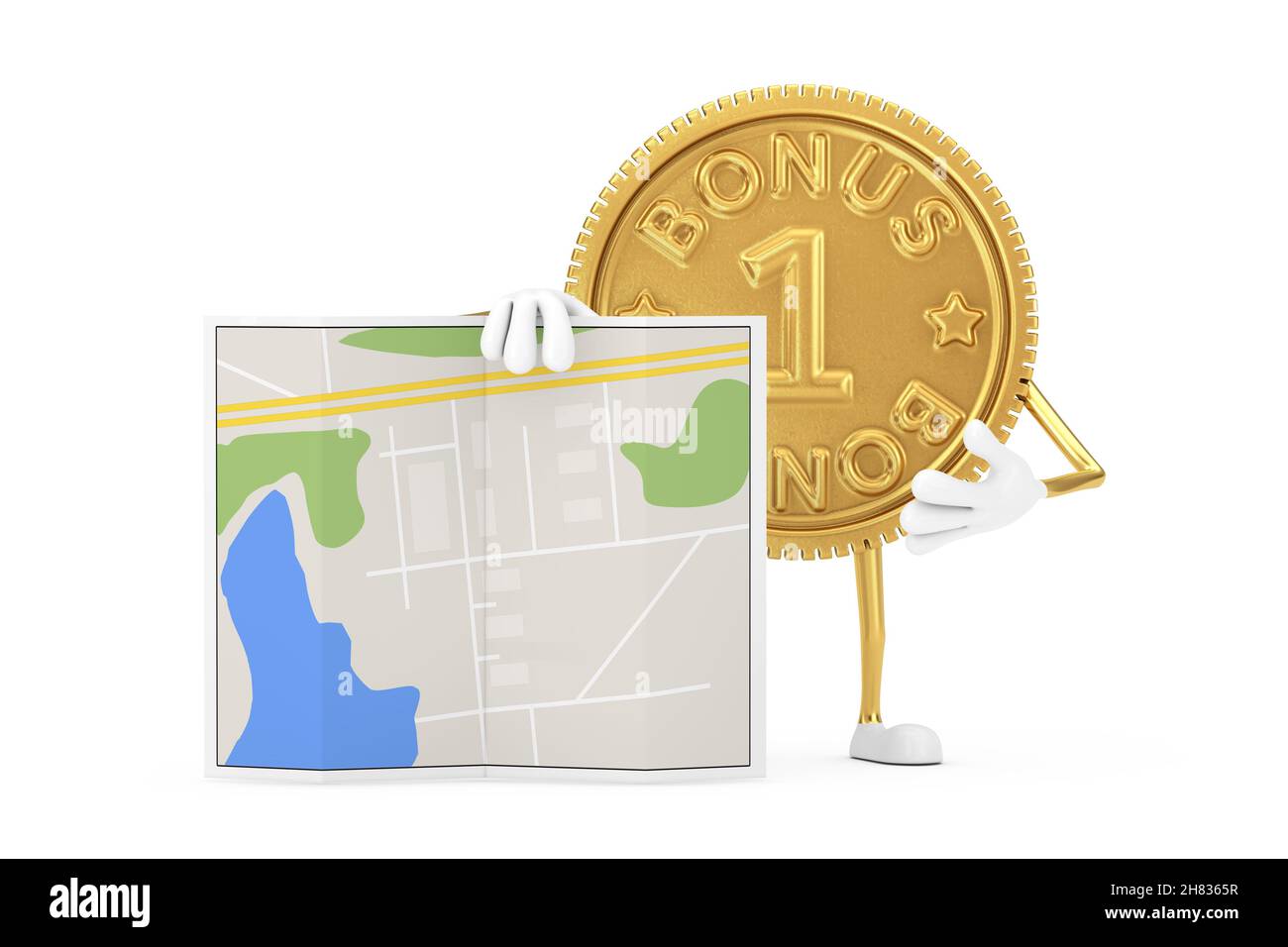 Golden Loyalty Program Bonus Coin Person Character Mascot mit abstrakter Stadtplan auf weißem Hintergrund. 3D Rendering Stockfoto