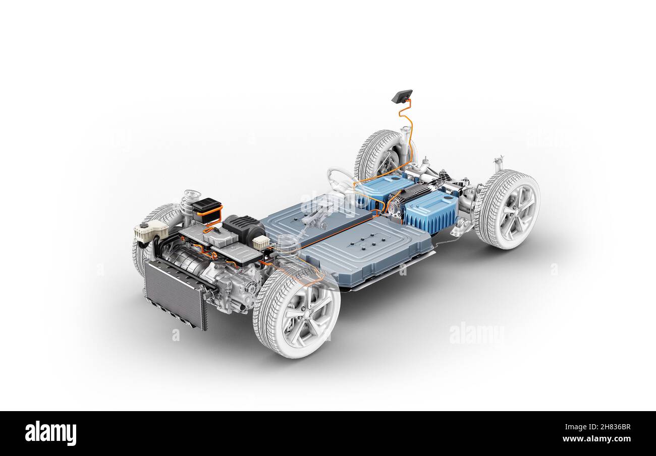 Elektroauto unter Fahrgestell. Alle wesentlichen Details des EV-Systems, auf weißem Hintergrund. Stockfoto