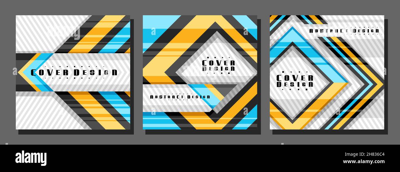 Vektor-Set von quadratischen Abdeckungen, 3 bunte Layouts mit dekorativem Design Diamanten mit Kopierfläche für Werbetext, trendige Cover-Vorlagen für Werbung, s Stock Vektor