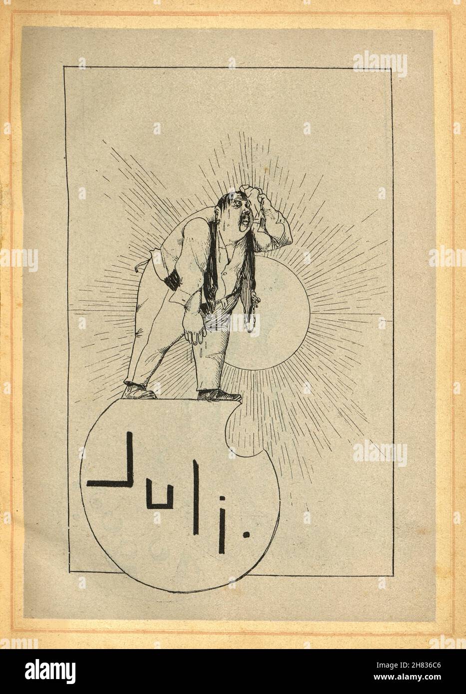 Viktorianischer Cartoon, übergewichtiger Mann, der unter heißer Sommersonne schwitzt, Hitzewelle, Caviar Kalender, Juli, Deutsch, 19th Jahrhundert 1893 Stockfoto