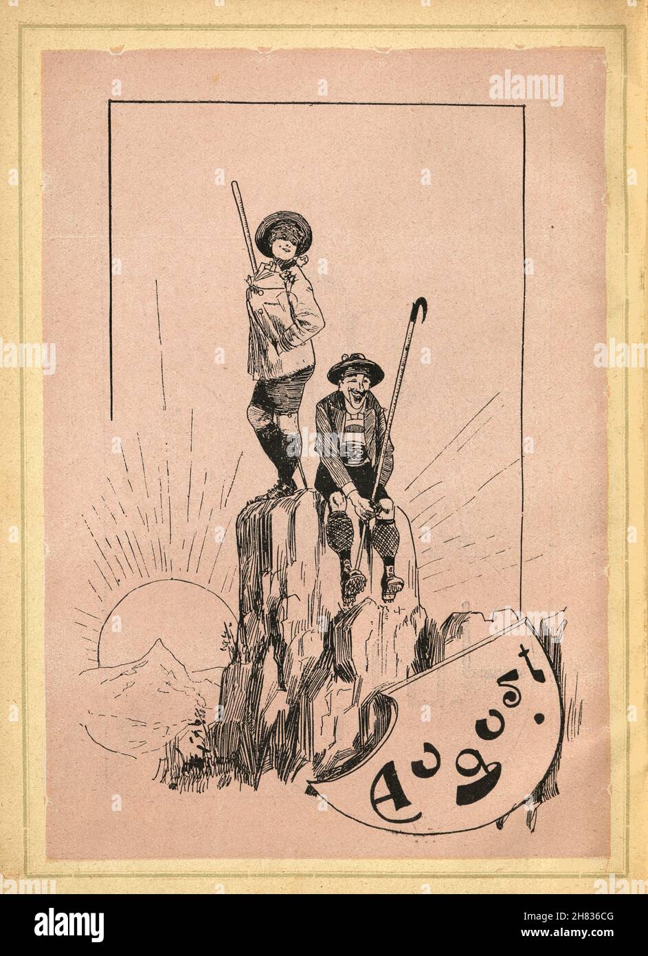 Viktorianischer Cartoon, Junges Paar in den Bergen wandern, Wanderer, Outdoor, Caviar Kalender, August, Deutsch, 19th Jahrhundert 1893 Stockfoto
